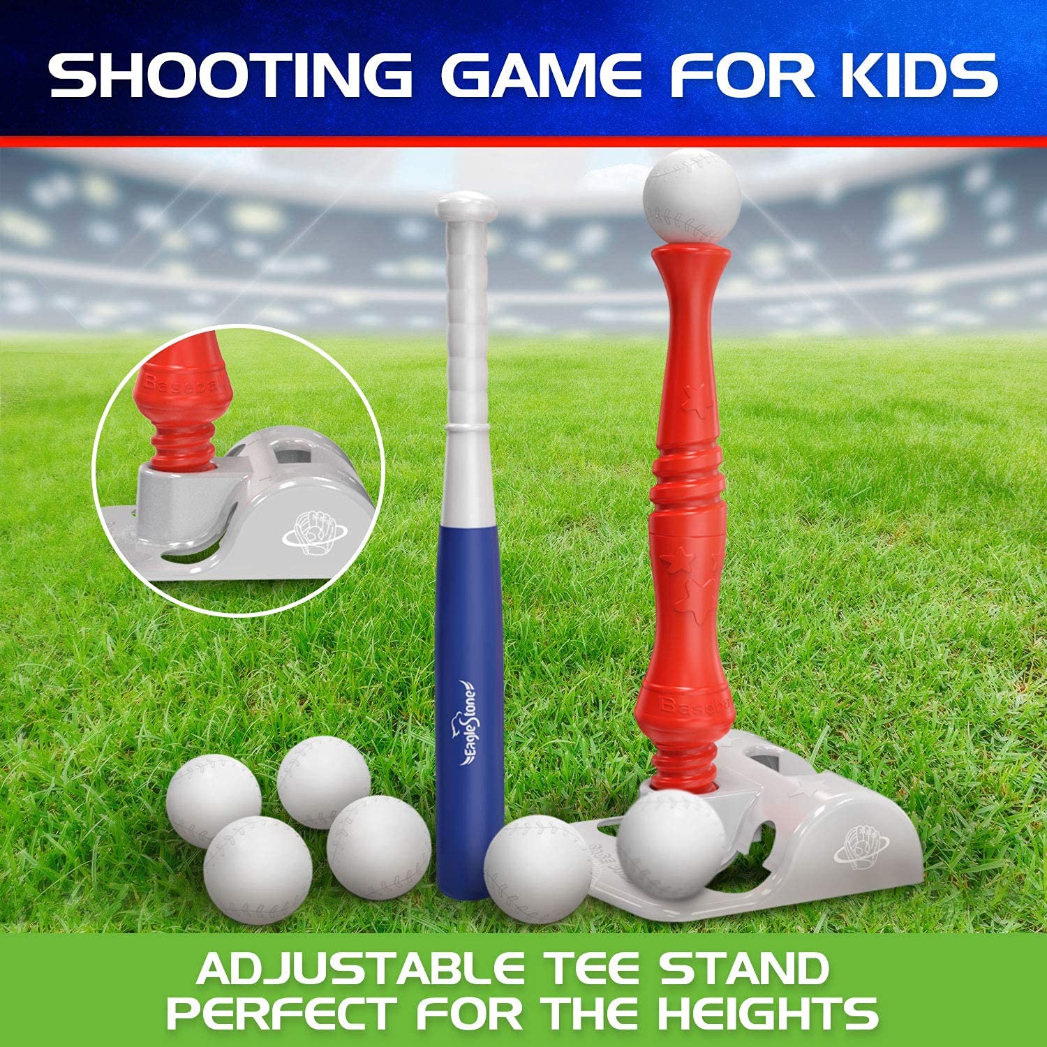 Eagle Stone ES09 EagleStone T Ball Sets for Kids 3-5, 5-8, Tee Ball Set for Toddlers, Baseball Outdoor Toy Includes 6 Large Balls, Adjustable Teeball Batting Tee, Tball Games for Boys & Girls, Kids Ages 3-12 Years