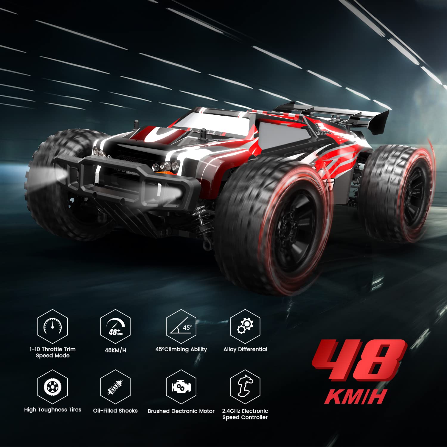 DEERC 9206E DIY Extra Shell 1:10 Scale Large RC Cars,48+ KM/H Hobby Grade High Speed Remote Control Car for Adults Boys,All Terrain 4WD 2.4GHz Off Road Monster RC Truck with 2 Battery for 40+ Min Play