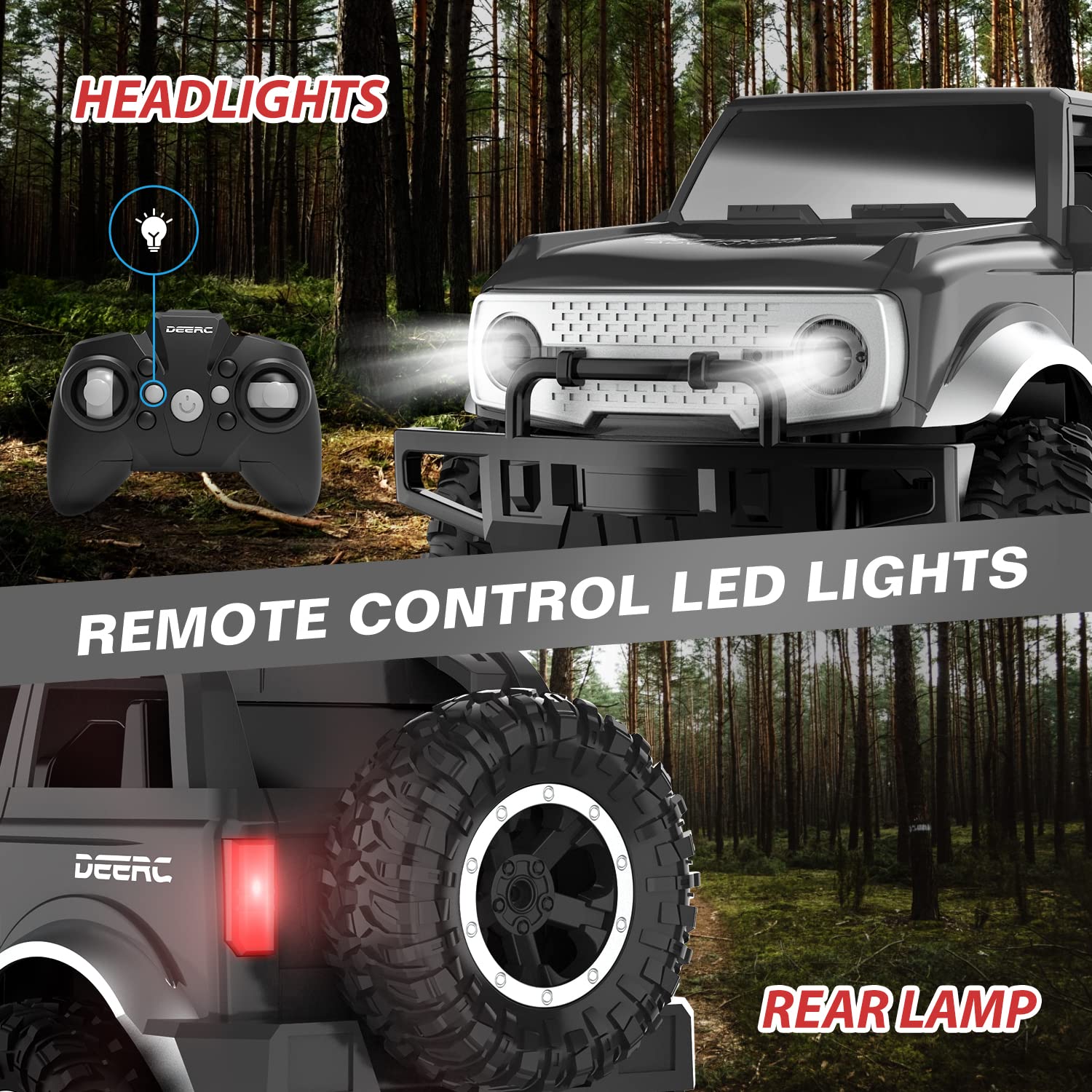 DEERC DE49 Remote Control Jeep Car with Realistic Headlight & Taillight, 160 Mins Play SUV Vehicle with Spare Tire, 2.4Ghz 1:18 All-Terrain Monster Trucks for Boys, Off-Road RC Trucks Gift for Kids