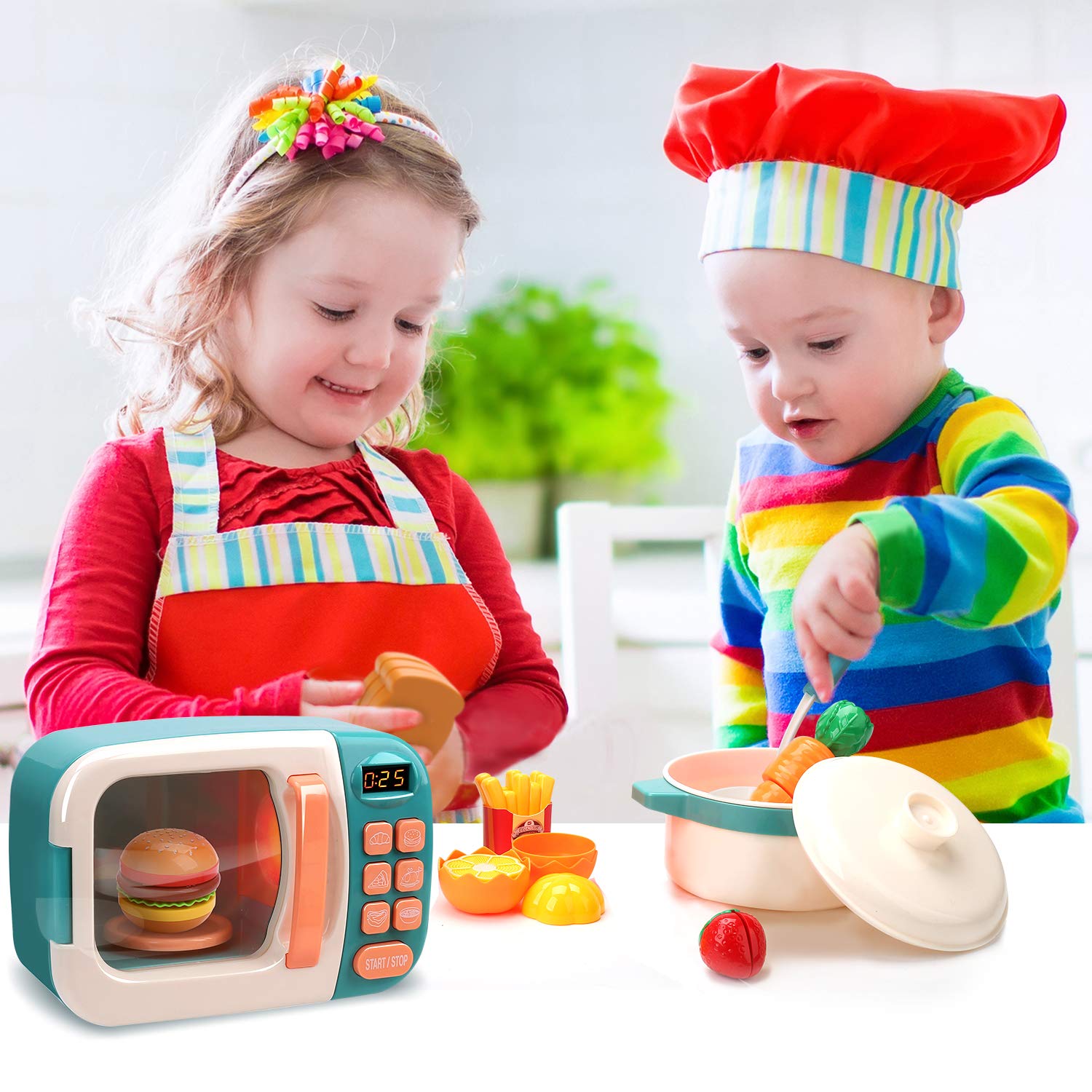 CUTE STONE Microwave Toys Kitchen Play Set, Kids Pretend Play Electronic Oven with Play Food, Kids Cookware Pot and Pan Toy Set, Cooking Utensils,Great Learning Gifts for Girls Boys