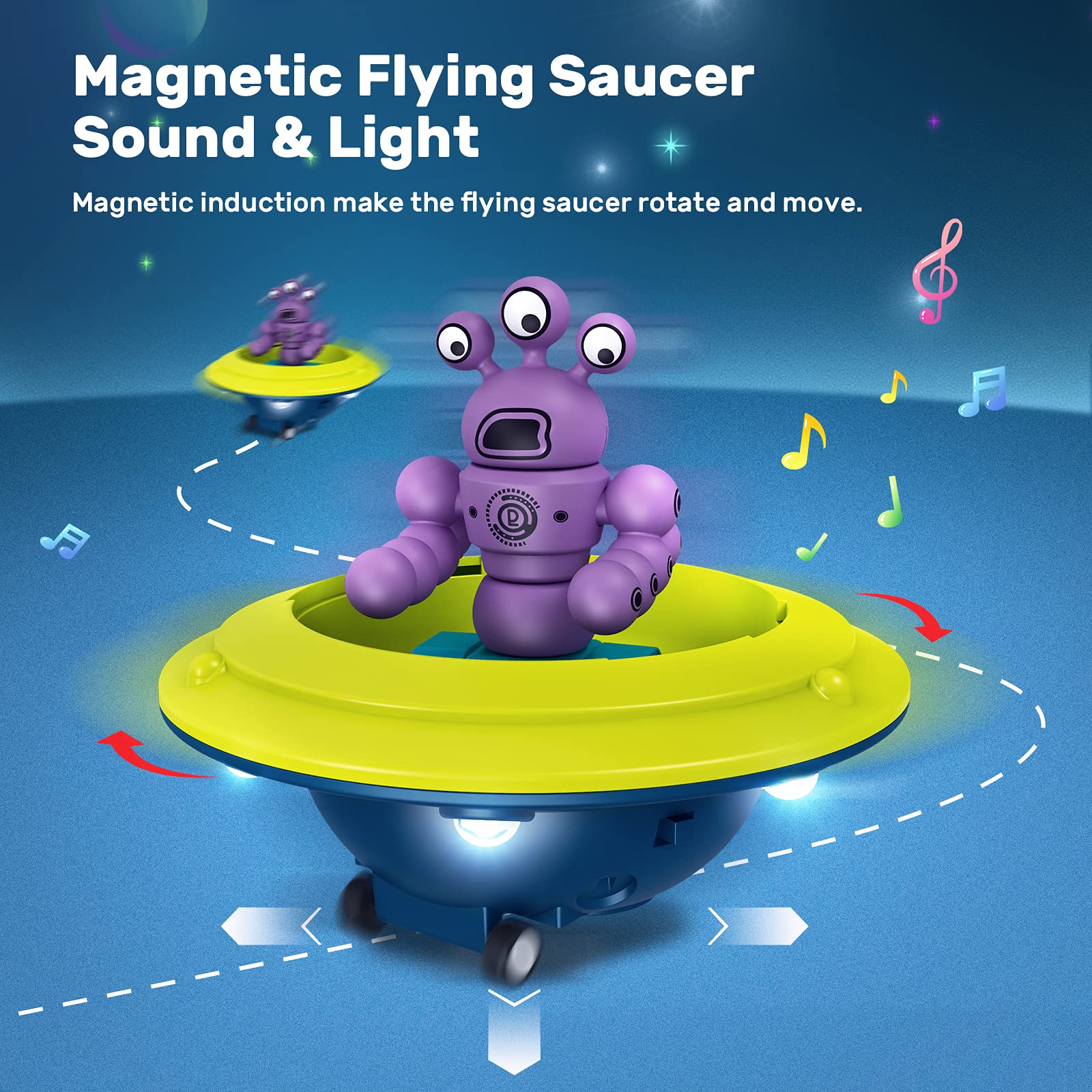 HOLYFUN Kid Magnetic Walking Musical Space Toy with 35PCS Stacking Blocks Building Robot, Storage Box, STEM Educational Electronic Flying Saucer and Magnetic Robot Gift for Children Toddler Boy Girl