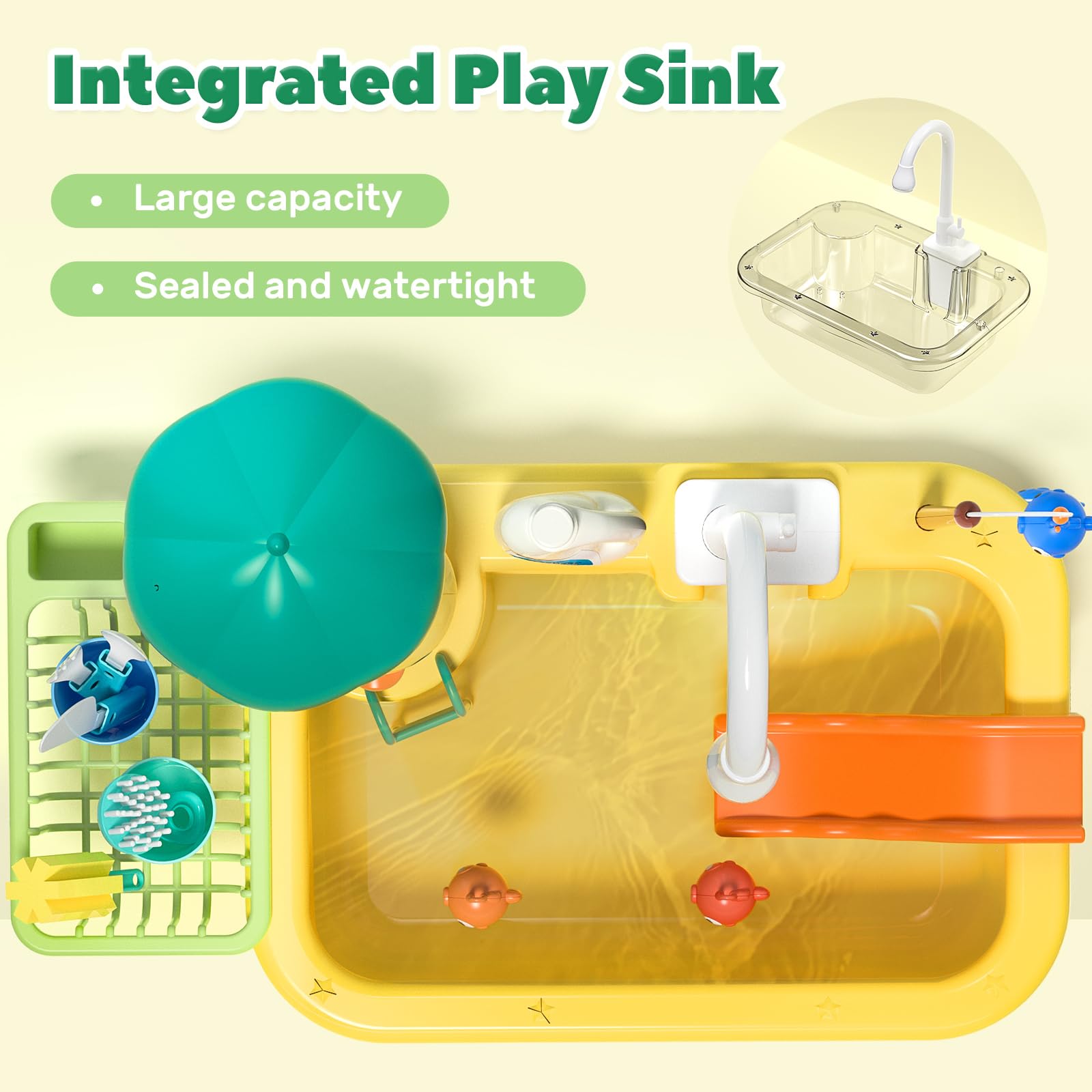 CUTE STONE Play Sink with Running Water, Kitchen Sink Toys with Play Food and Kitchen Utensils, Pool Floating Toys for Fishing Game, Children Role Play Electric Dishwasher Toy Gift for Boys Girls