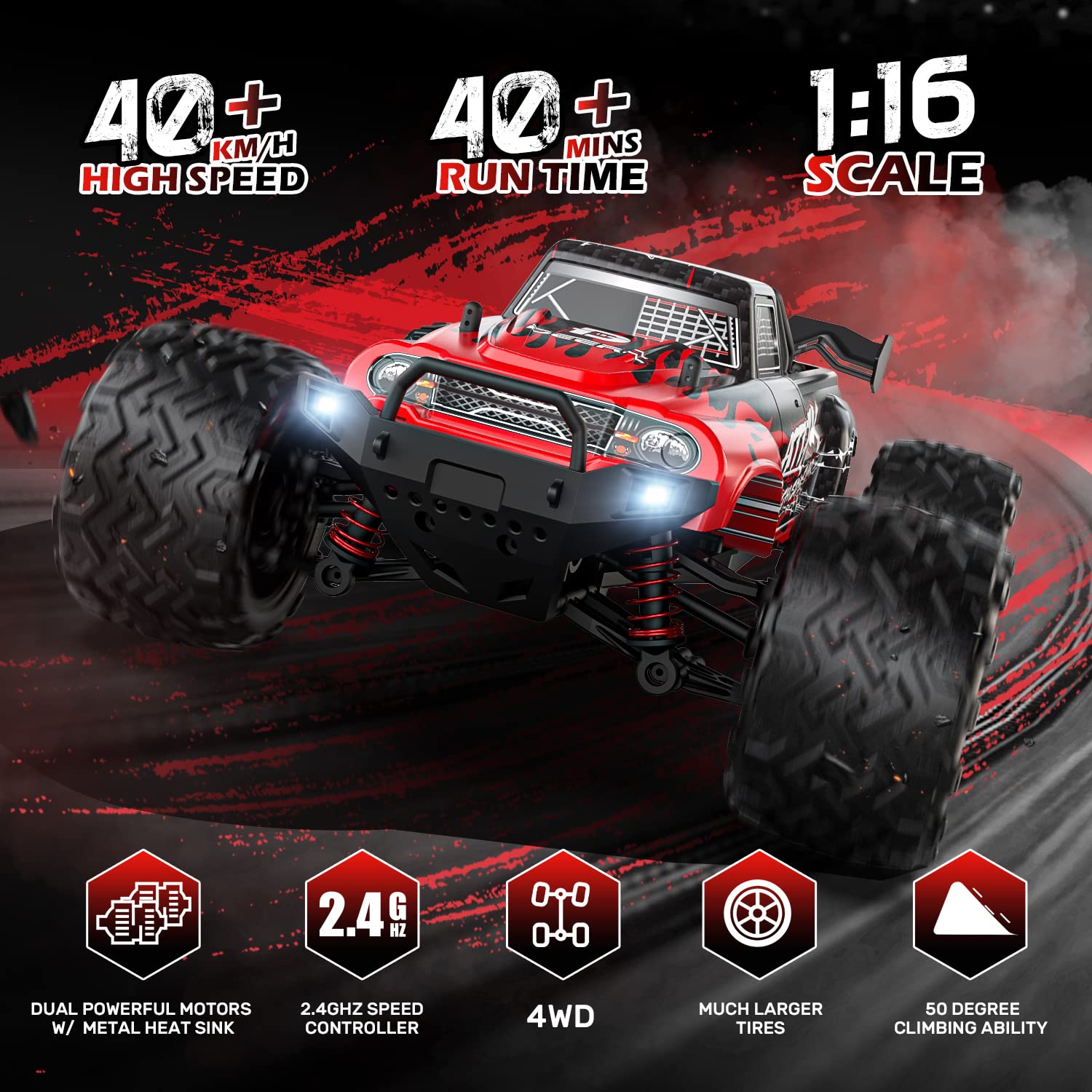 DEERC 9500E 1:16 Scale All Terrain RC Car, 4x4 High Speed 40 KPH RC Truck, 2.4Ghz Remote Control Truck with 2 Batteries, Off-Road Monster Truck for Adults Kids