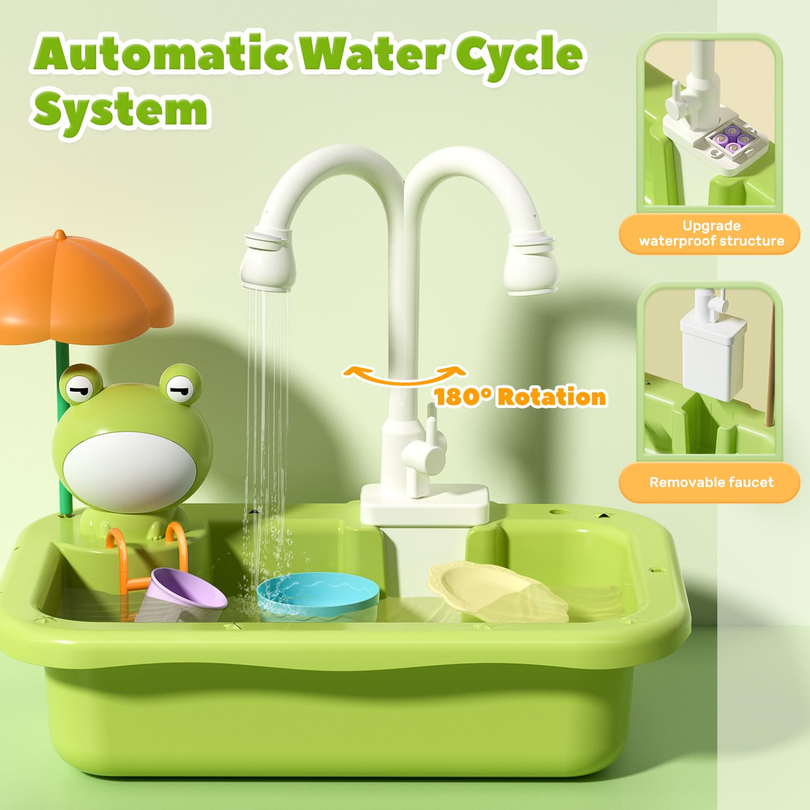 CUTE STONE Play Sink with Running Water, Kitchen Sink Toys with Upgraded Electric Faucet, Play Kitchen Toy Accessories, Pool Floating Fishing Toys for Water Play, Kids Role Play Dishwasher Toy