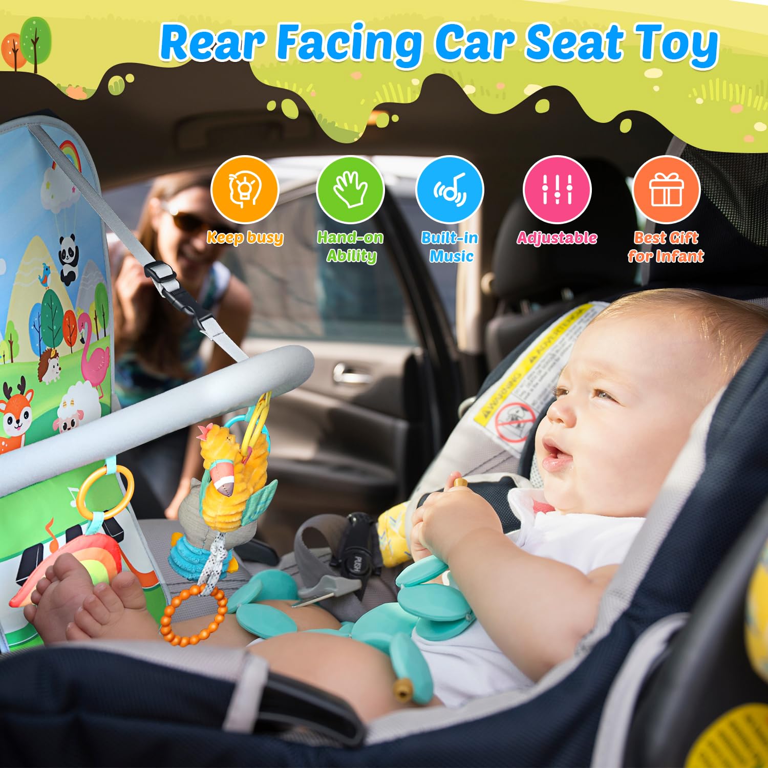 HOLYFUN Car Seat Toys for Babies, Sensory Stroller Chritsmas Toy for Toddlers, Adjustable Carseat Toys with Music, Baby Travel Toys with Teether and Hanging Squeaky Infant Toys