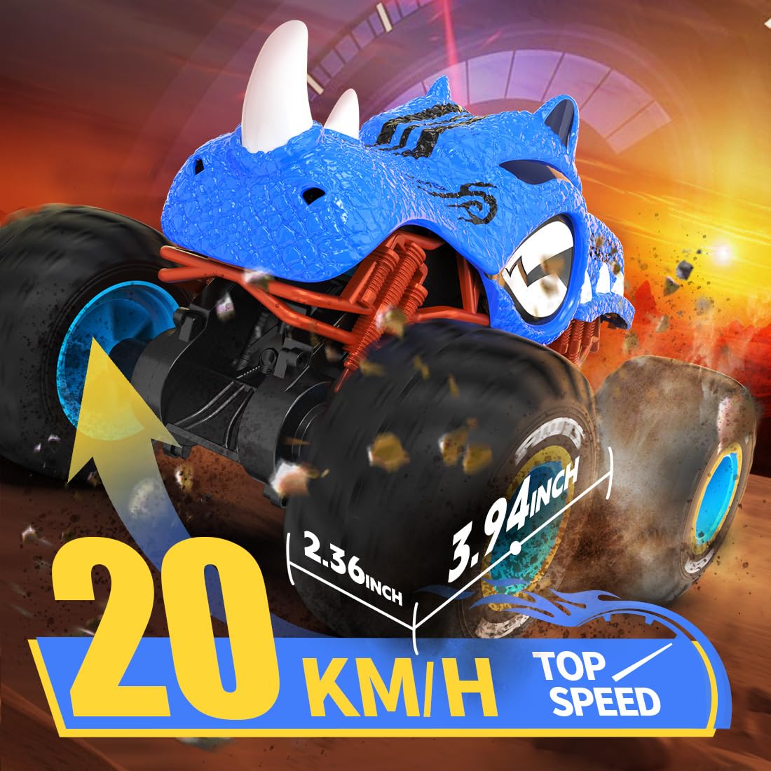 DEERC DE82 High Speed Stunt Remote Control Monster Truck for Boys, Upright 360° Swivel 4WD RC Car with LED Lights, Spray Water Mist, 2 Batteries, 2.4GHz All Terrain 1:16 Blue Rhino RC Trucks Toys for Kids