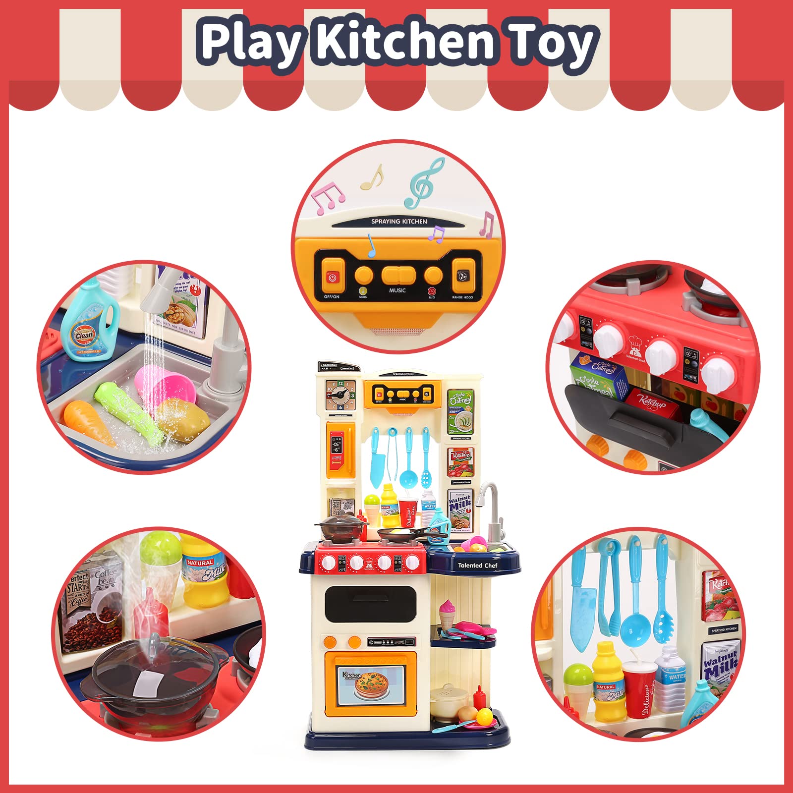 CUTE STONE Kids Kitchen Playset with Real Sounds & Lights, Pretend Play Food Toys, Play Sink, Cooking Stove with Steam, Toddler Gift for Boys and Grlis (Blue)