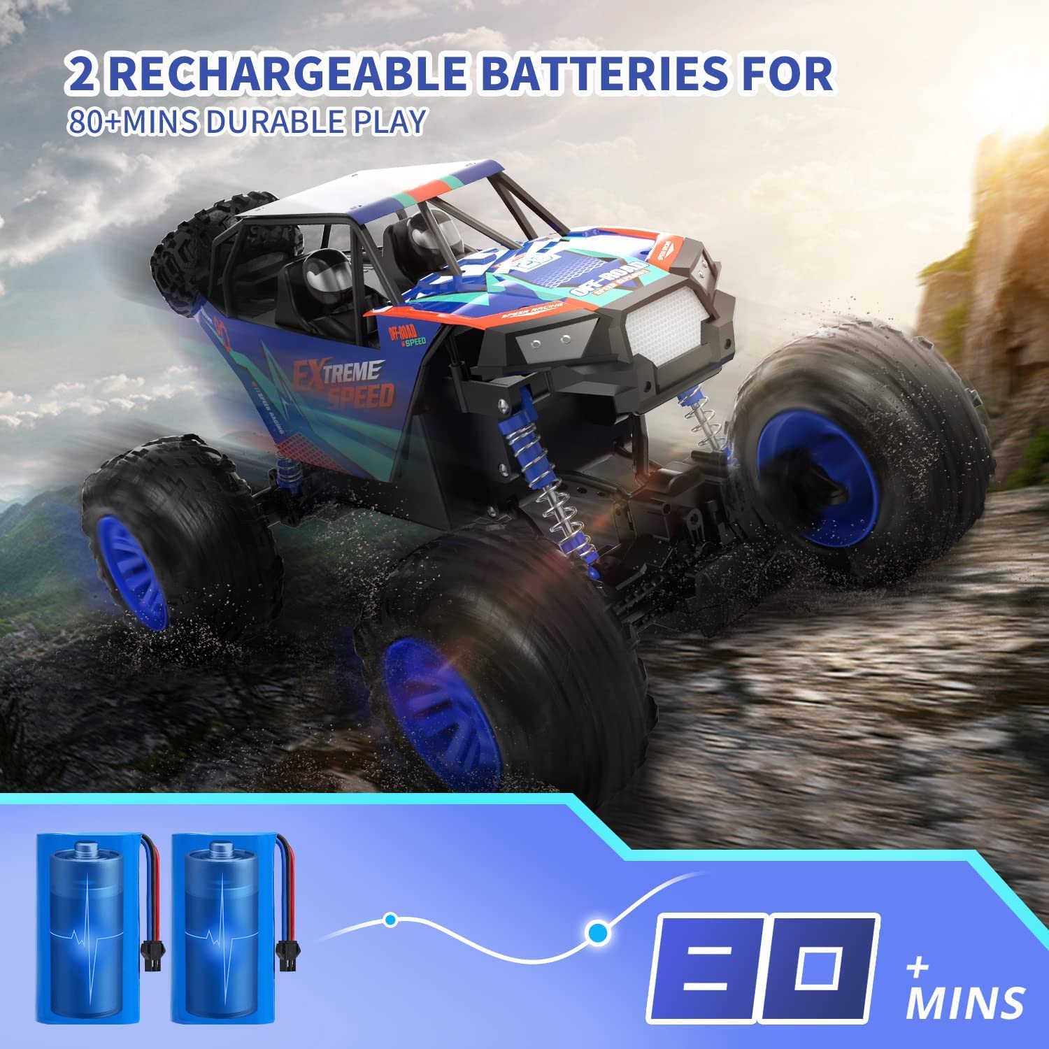 DEERC DE60 Large 1:8 Scale Upgraded RC Cars Remote Control Car for Adults Boys, Off Road Monster Truck with Realistic Sound, 2.4Ghz 4WD Rock Crawler Toy All Terrain Climbing, 2 Batteries for 80 Min Play