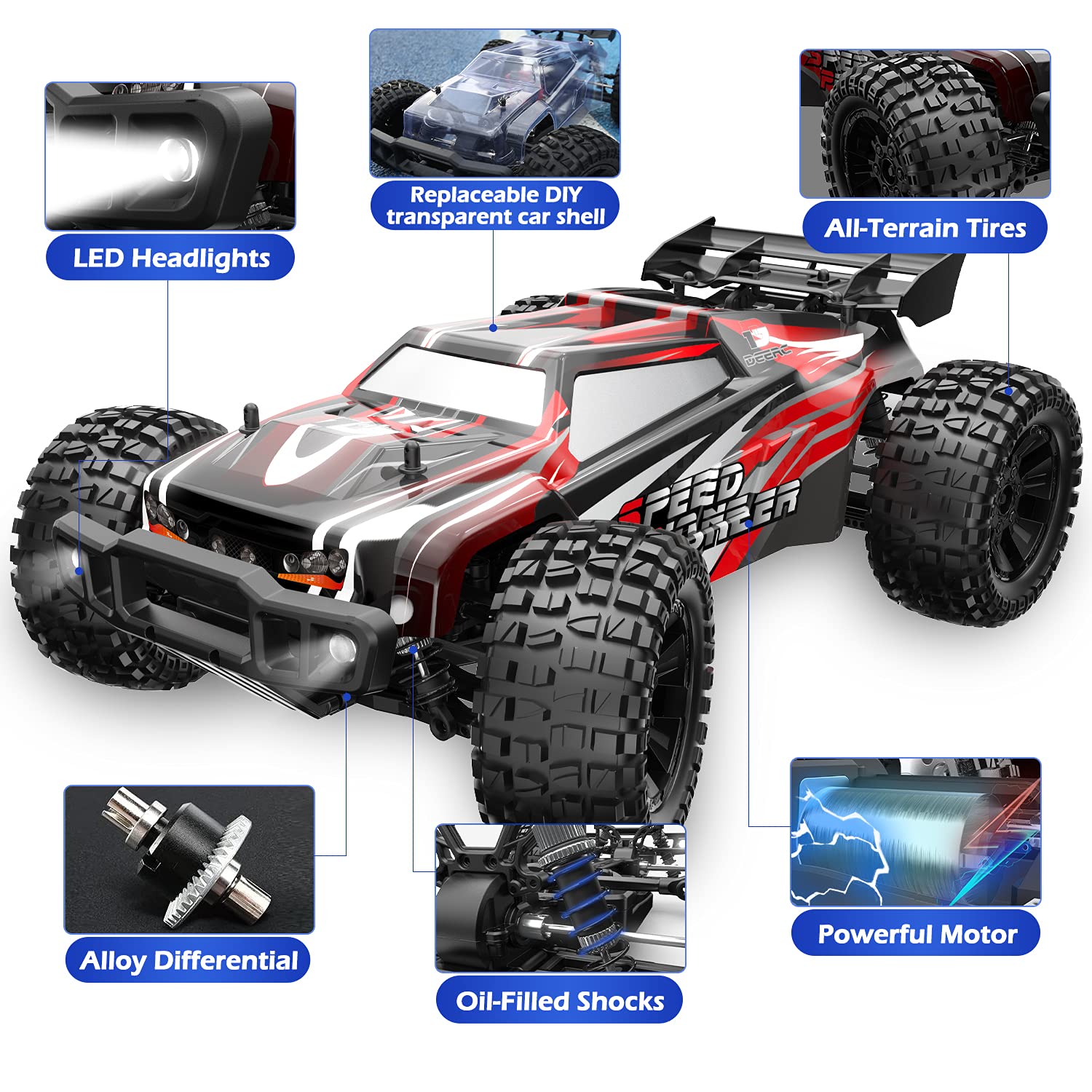 DEERC 9206E DIY Extra Shell 1:10 Scale Large RC Cars,48+ KM/H Hobby Grade High Speed Remote Control Car for Adults Boys,All Terrain 4WD 2.4GHz Off Road Monster RC Truck with 2 Battery for 40+ Min Play