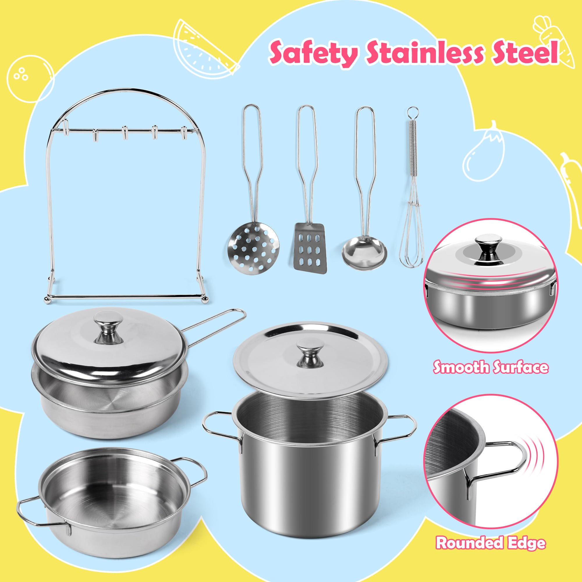 CUTE STONE Pretend Play Kitchen Accessories Toy Kids Kitchen Playset with Stainless Steel Play Pots and Pans