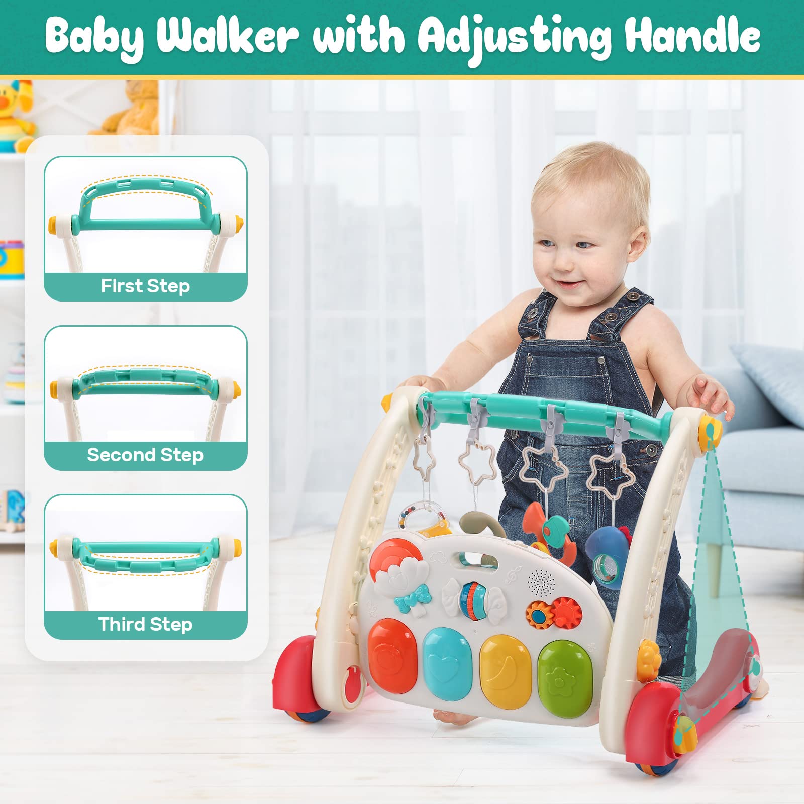 CUTE STONE Baby Gym Play Mat & Baby Learning Walker, Baby Activity Mat with Play Piano, Musical Activity Center with Lights, Baby Push Walkers & Tummy Time Mat for Infant Newborn Toddlers