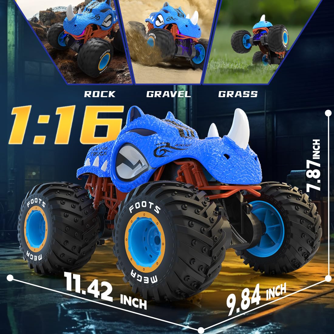 DEERC DE82 High Speed Stunt Remote Control Monster Truck for Boys, Upright 360° Swivel 4WD RC Car with LED Lights, Spray Water Mist, 2 Batteries, 2.4GHz All Terrain 1:16 Blue Rhino RC Trucks Toys for Kids