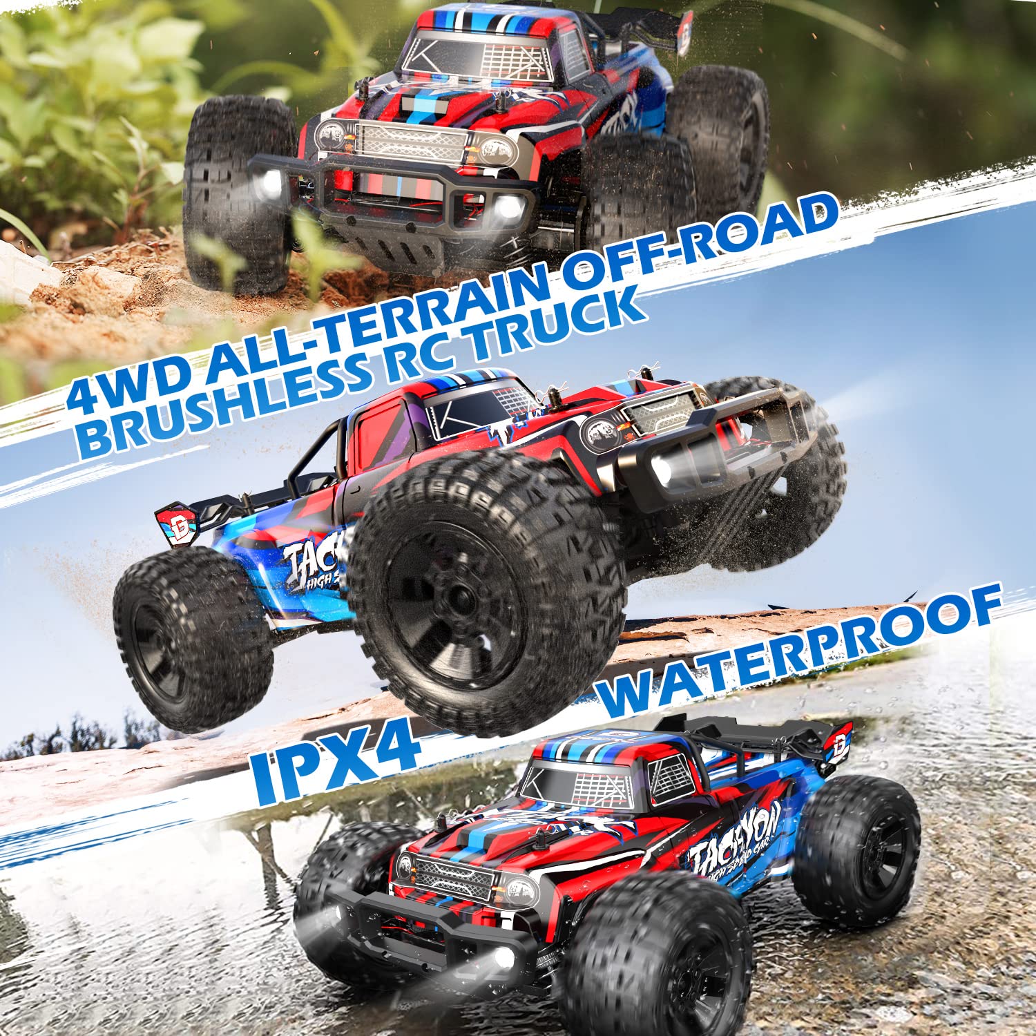 DEERC 210E 1:10 Large Brushless RC Car for Adults, 3S 4X4 RTR High Speed Monster Truck, 60+ KMH, All Terrain 2.4Ghz Hobby Electric RC Truck, Off-Road Remote Control Vehicle, 40+min, RC Crawler for Boys