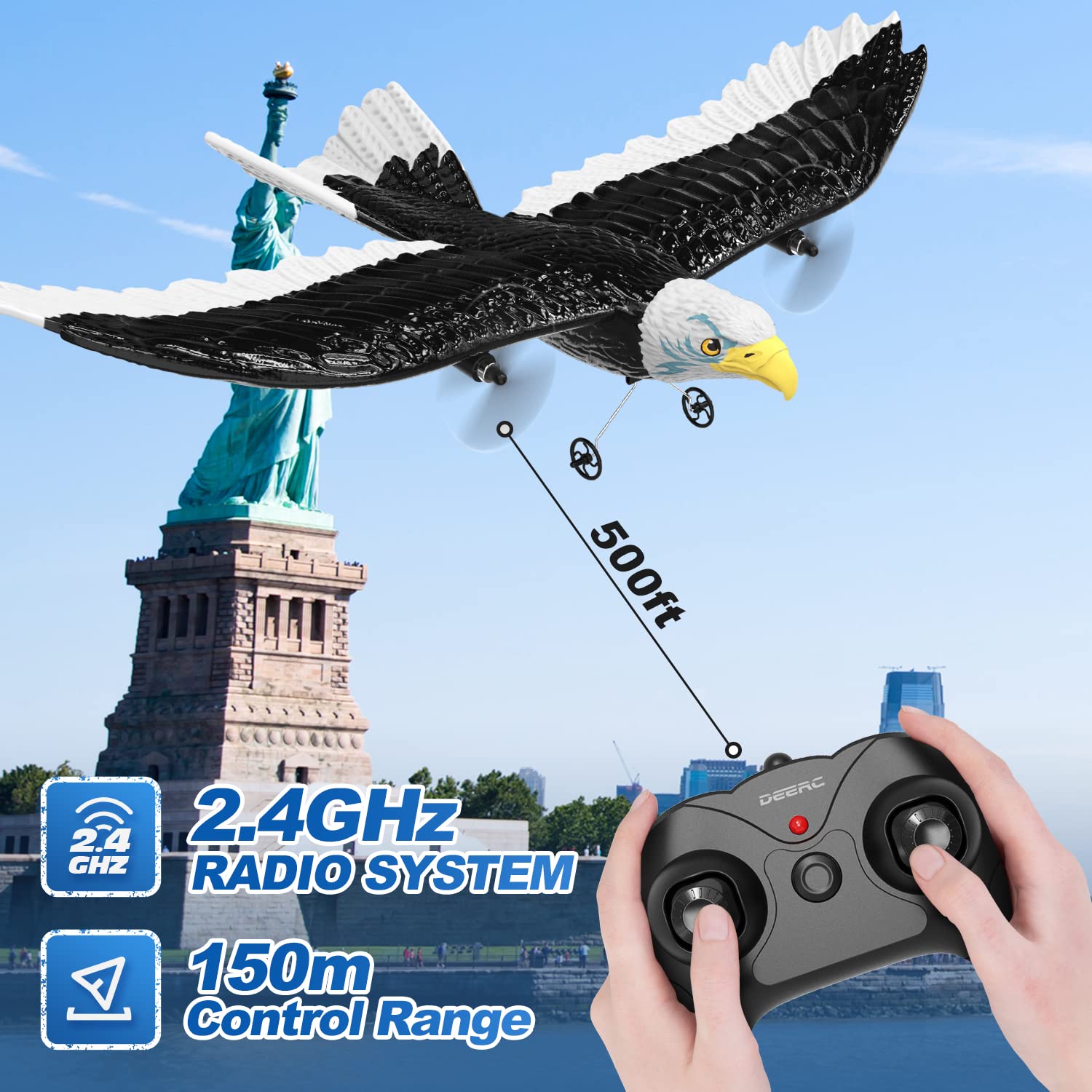 DEERC FX651 RC Plane, Remote Control Eagle Plane, RTF Airplane, 2.4GHZ 2CH Flying Bird with 2 Batteries & Propeller 6-axis Gyro Stabilizer, Easy to Fly for Beginners Adults Kids Boys