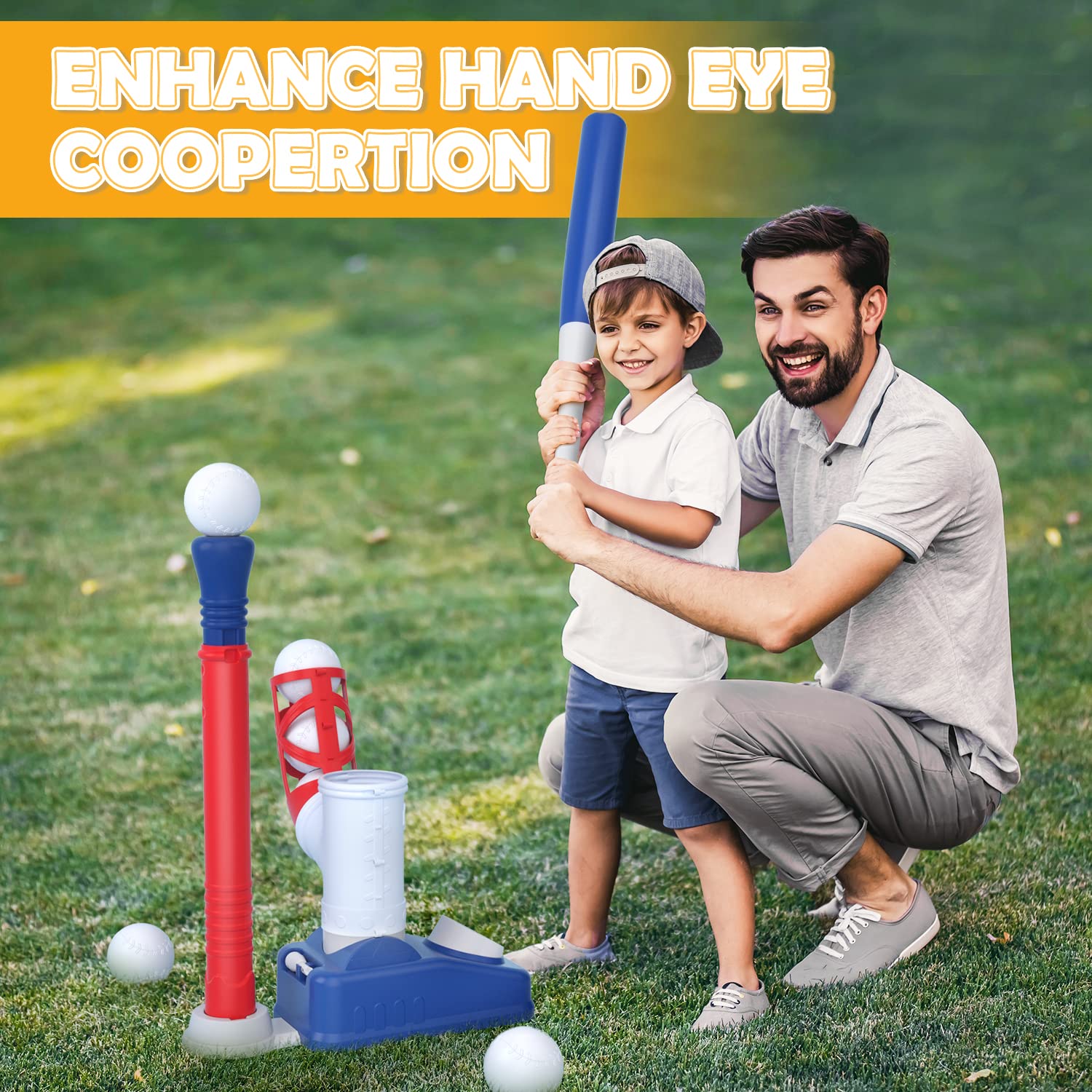 EagleStone ES33 2 in 1 T Ball Set for Kids 3-5, Tee Ball Set for Toddlers with Step on Pitching Machine, Adjustable Batting Tee, Tball Bat and 6 Balls, Outdoor Baseball Christmas Toy Gift for Boys & Girls