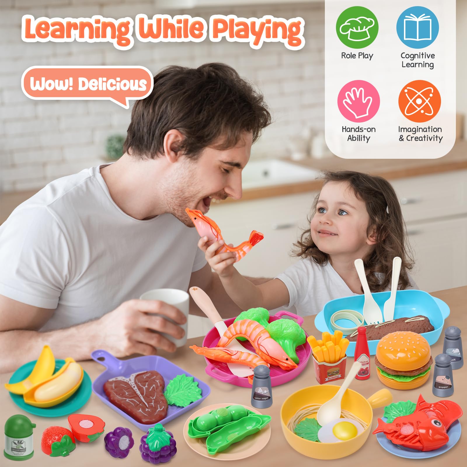 CUTE STONE Kids Play Kitchen Toy Accessories, Toddler Pretend Cooking Playset with Toys Cookware and Utensils, Toys Food for Cutting Play, Kids Cooking Set Education Learning Gift for Boys Girls