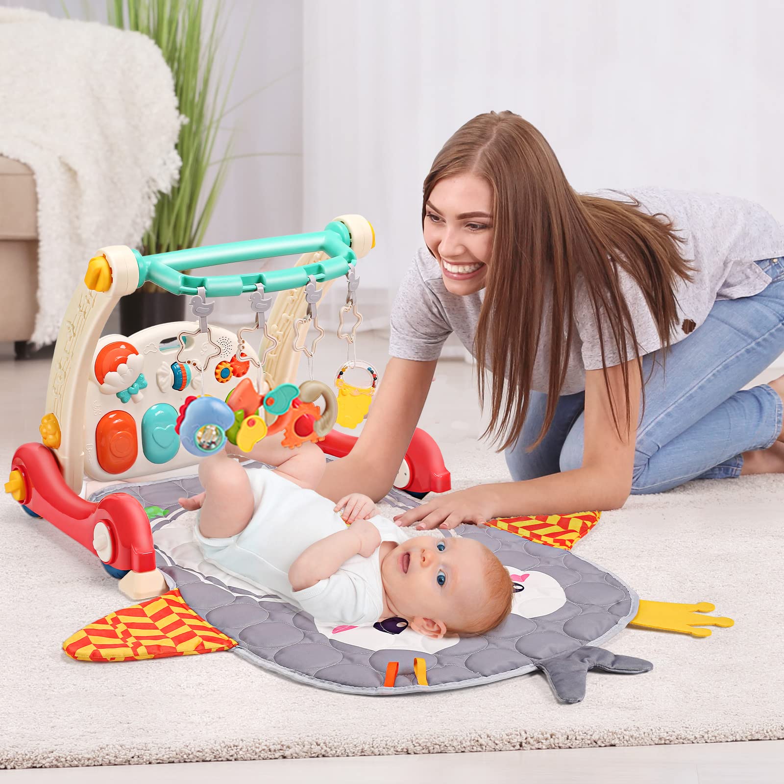 CUTE STONE Baby Gym Play Mat & Baby Learning Walker, Baby Activity Mat with Play Piano, Musical Activity Center with Lights, Baby Push Walkers & Tummy Time Mat for Infant Newborn Toddlers