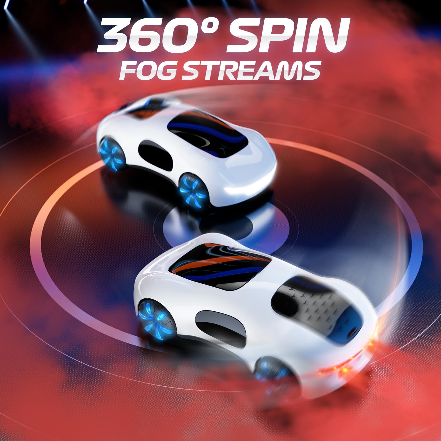 DEERC DE88 Sci-fi Remote Control Car, Toy RC Car W/Dual Fog Streams LED Lights Sound, 360° Spin 4WD 2.4GHz 2 Batteries for 40 Min Play Gift for Kids Boys