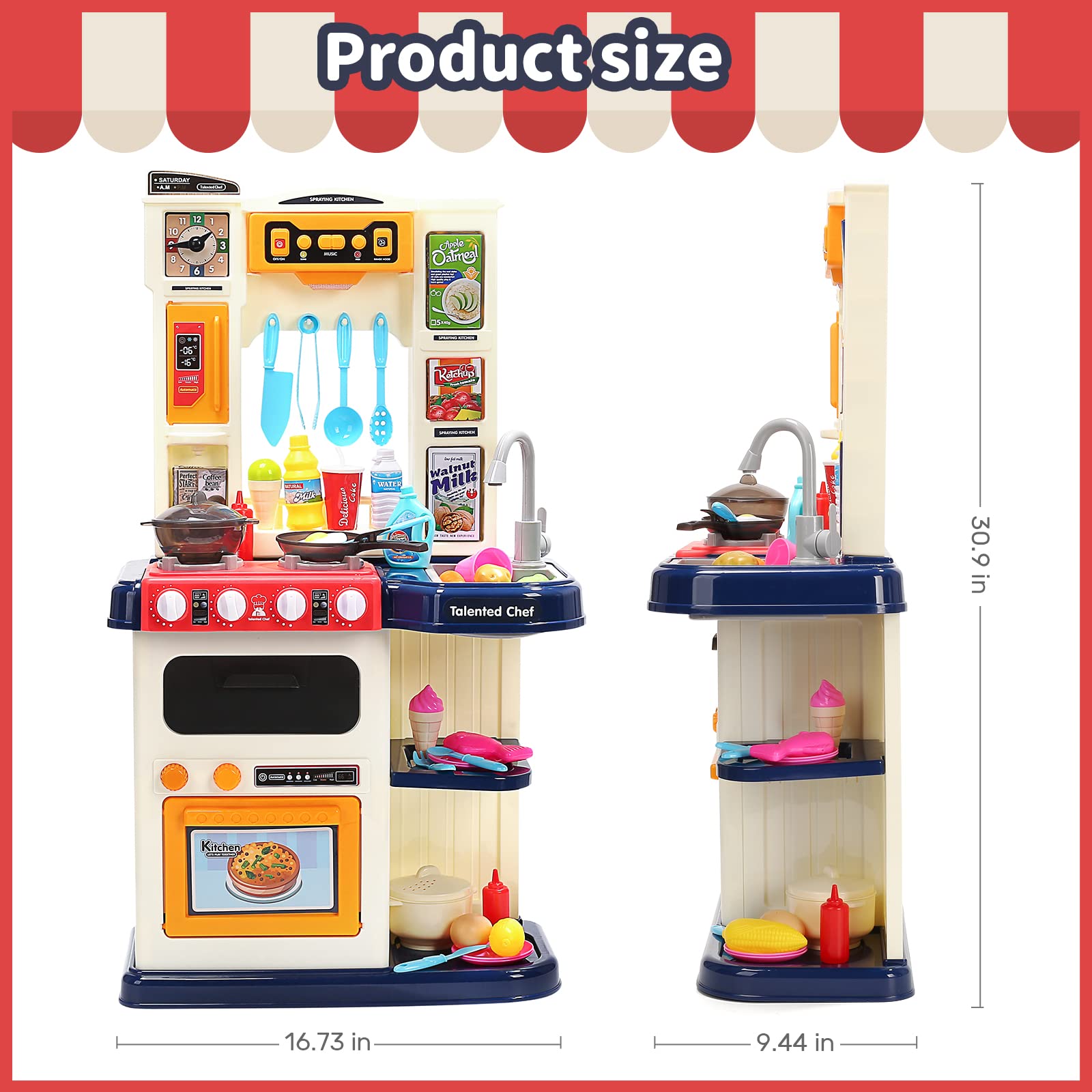 CUTE STONE Kids Kitchen Playset with Real Sounds & Lights, Pretend Play Food Toys, Play Sink, Cooking Stove with Steam, Toddler Gift for Boys and Grlis (Blue)