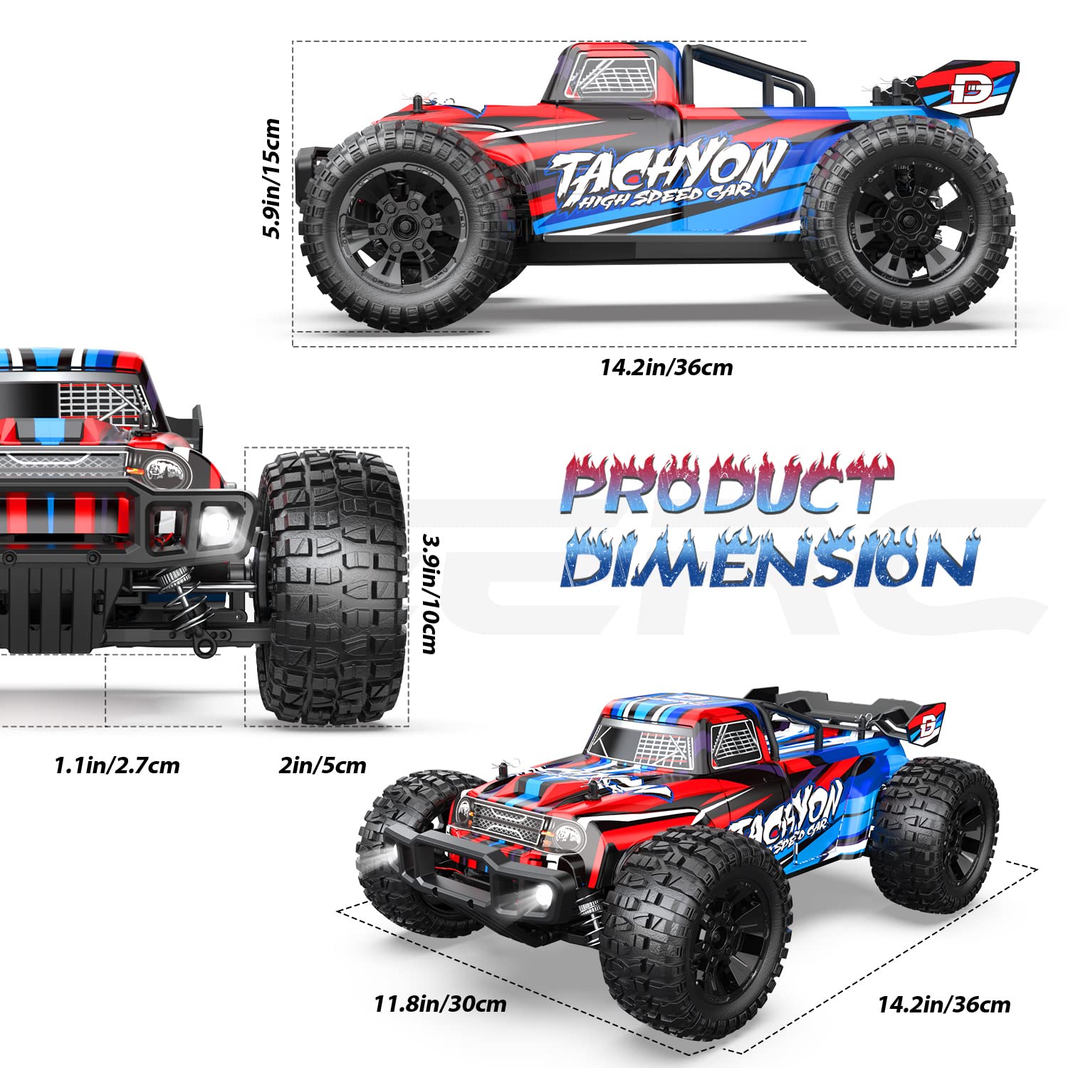 DEERC 210E 1:10 Large Brushless RC Car for Adults, 3S 4X4 RTR High Speed Monster Truck, 60+ KMH, All Terrain 2.4Ghz Hobby Electric RC Truck, Off-Road Remote Control Vehicle, 40+min, RC Crawler for Boys