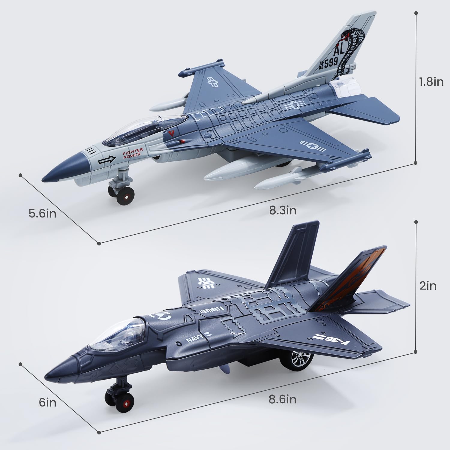 Holy Fun 2 Packs Diecast Airplane Toys with Sound & Light, Pull Back Alloy Fighter Jet Plane Model Toys, for Kids Boys and Girls