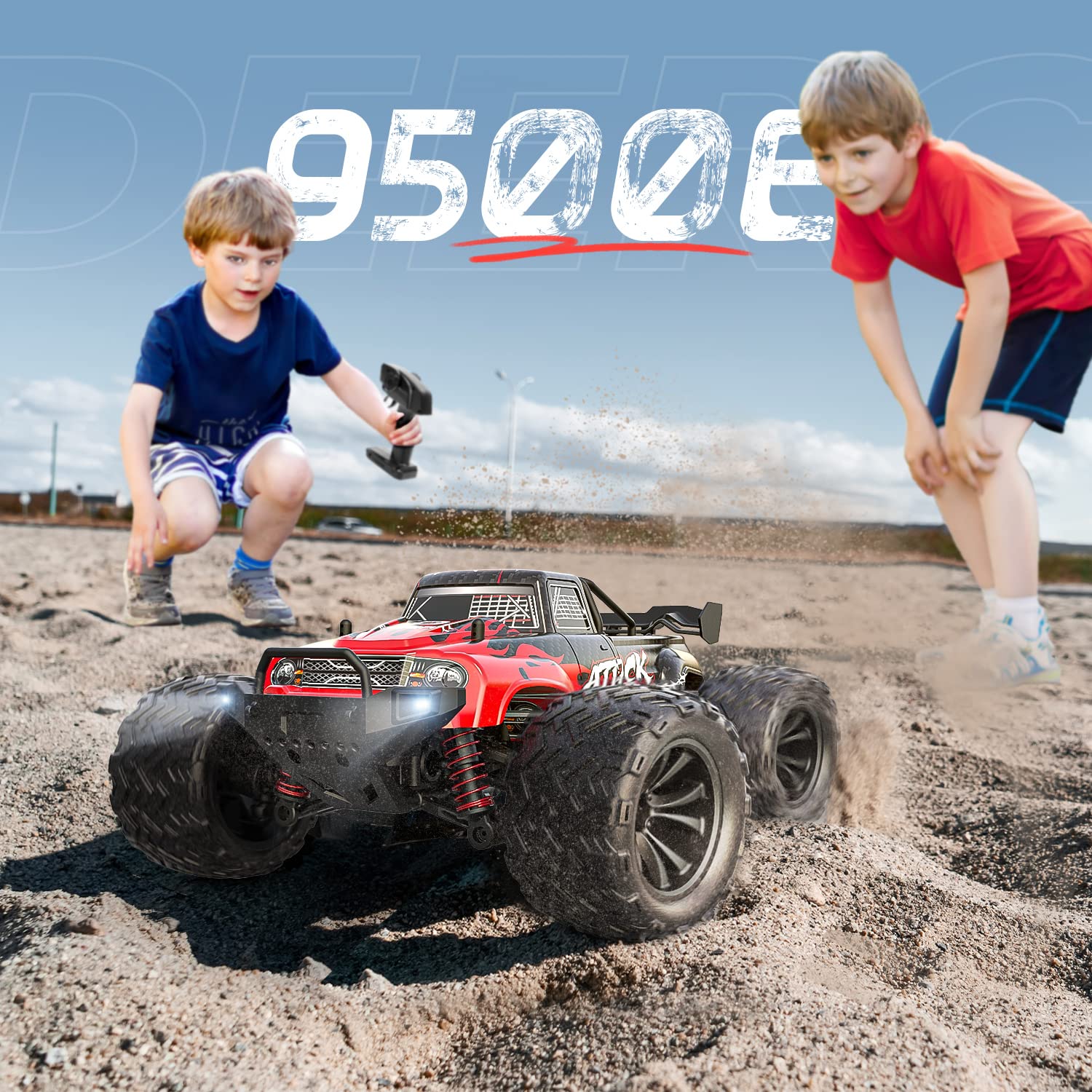 DEERC 9500E 1:16 Scale All Terrain RC Car, 4x4 High Speed 40 KPH RC Truck, 2.4Ghz Remote Control Truck with 2 Batteries, Off-Road Monster Truck for Adults Kids