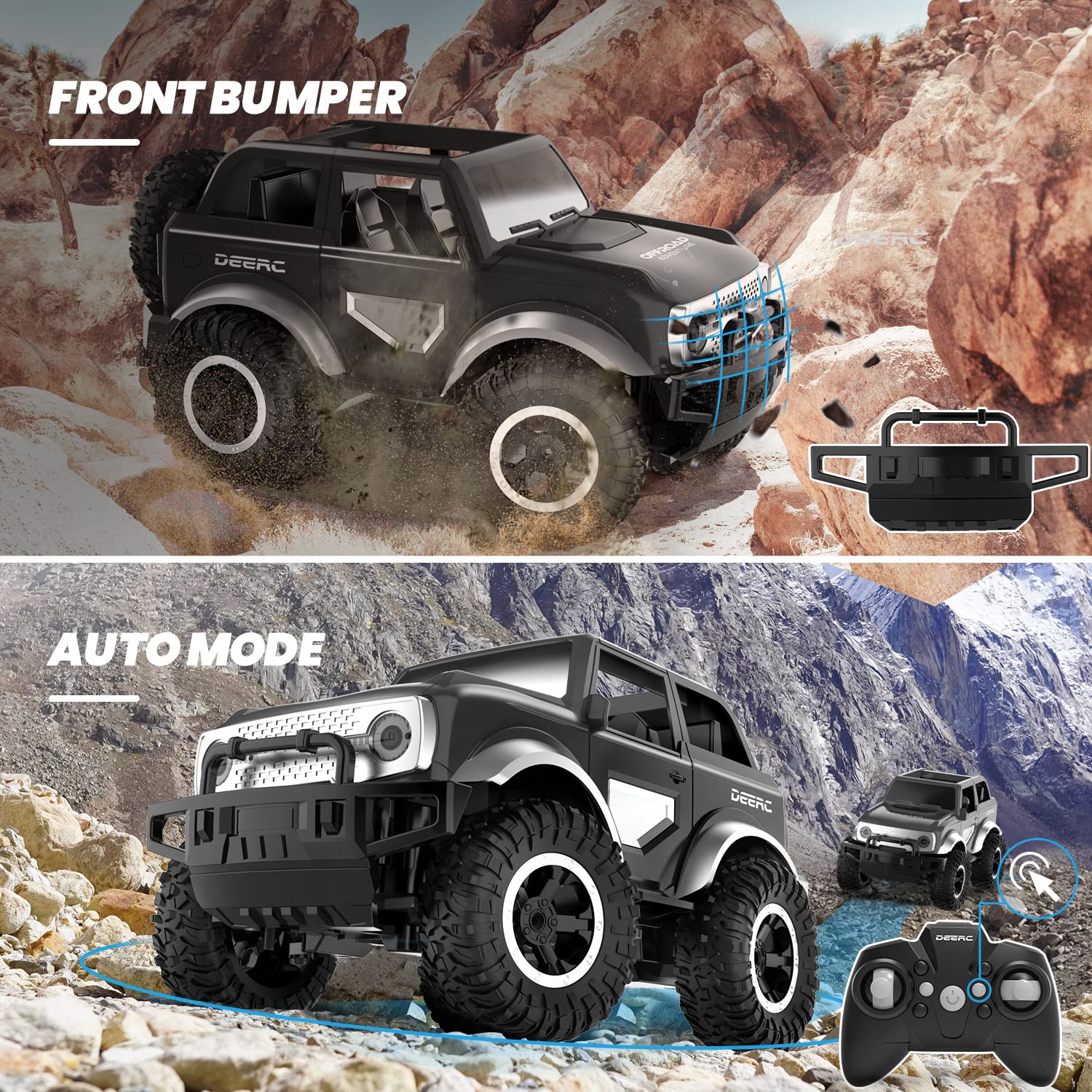 DEERC DE49 Remote Control Jeep Car with Realistic Headlight & Taillight, 160 Mins Play SUV Vehicle with Spare Tire, 2.4Ghz 1:18 All-Terrain Monster Trucks for Boys, Off-Road RC Trucks Gift for Kids