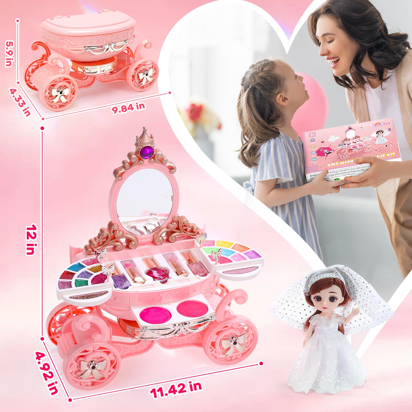 EveStone Kids Makeup Kit for Girl, 3 in 1 Play Makeup Set with Washable & Non-Toxic Cosmetic Vanity, Real Make Up Girls Toys