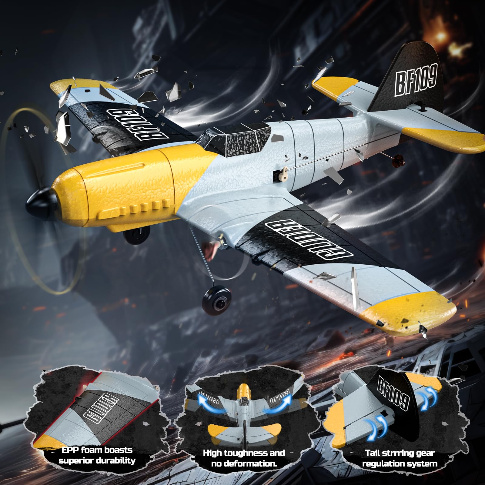 DEERC Z61 RC Plane 3 Channel BF-109 Remote Control Airplane Fighter Toys,2.4GHz 6-axis Gyro Stabilizer RTF Glider Aircraft Plane with 2 Batteries,Easy to Fly for Adults Kids Beginners Boys