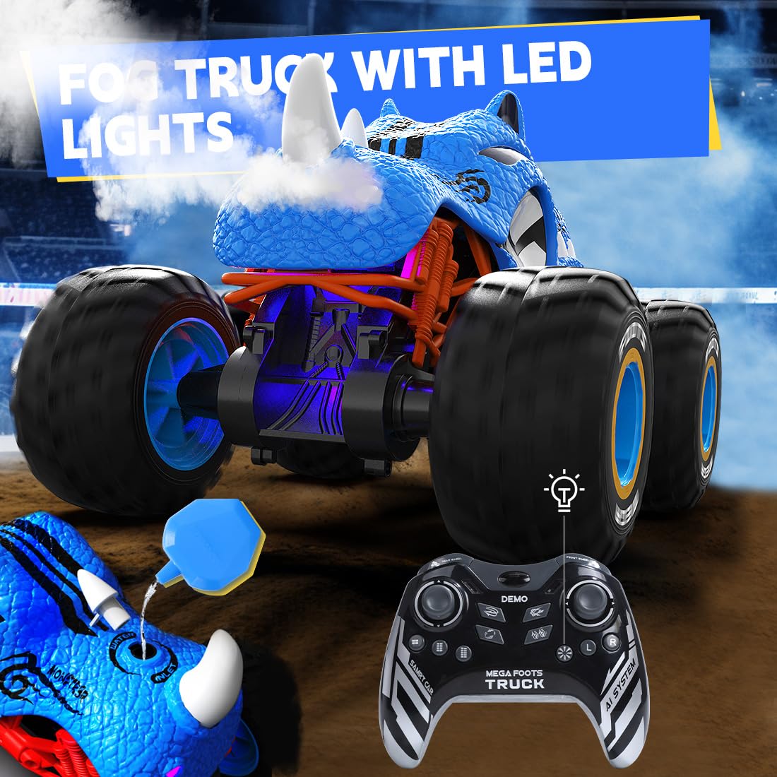 DEERC DE82 High Speed Stunt Remote Control Monster Truck for Boys, Upright 360° Swivel 4WD RC Car with LED Lights, Spray Water Mist, 2 Batteries, 2.4GHz All Terrain 1:16 Blue Rhino RC Trucks Toys for Kids