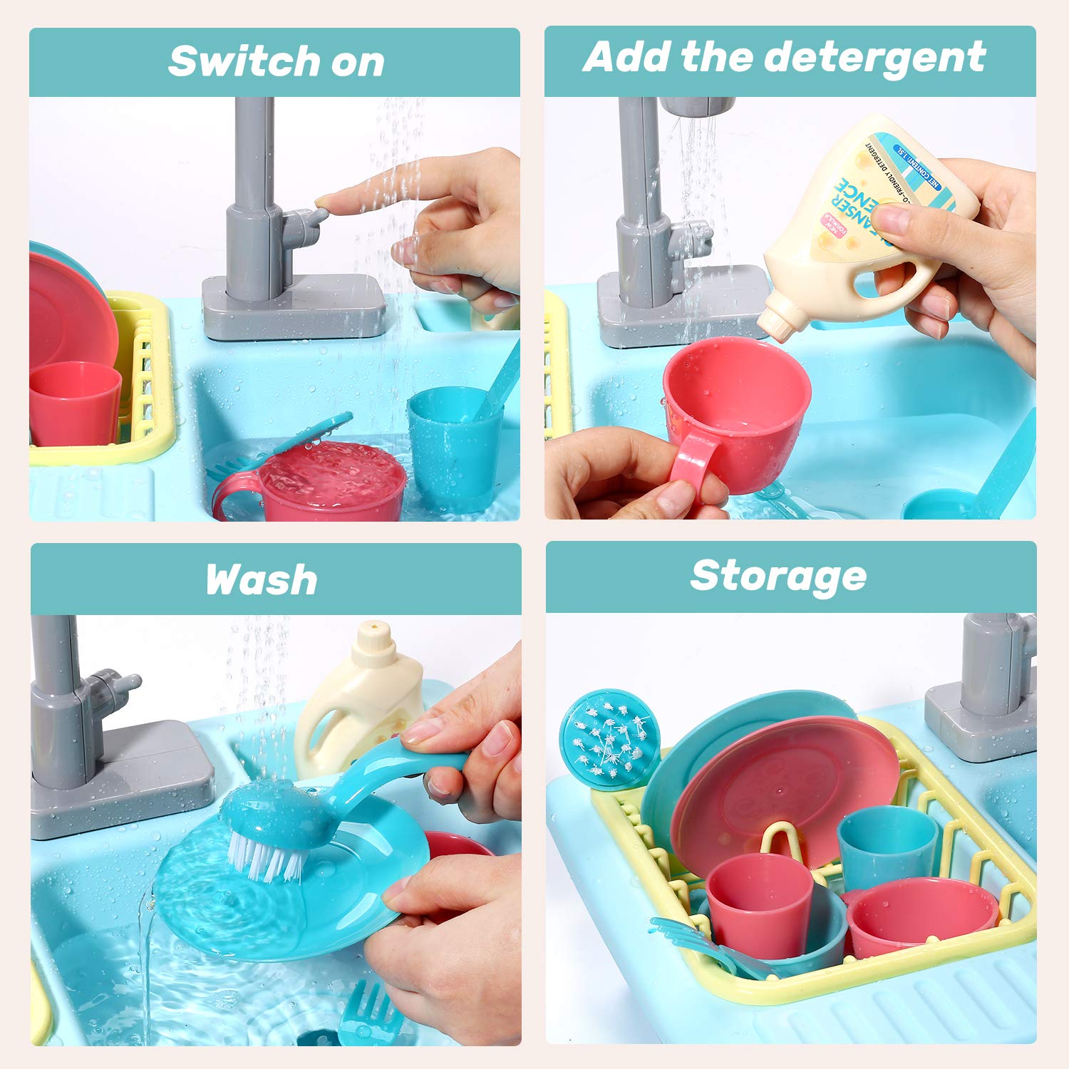 CUTE STONE CS181001 Color Changing Kitchen Sink Toys, Children Heat Sensitive Electric Dishwasher Pretend Play House Toys for Boys Girls