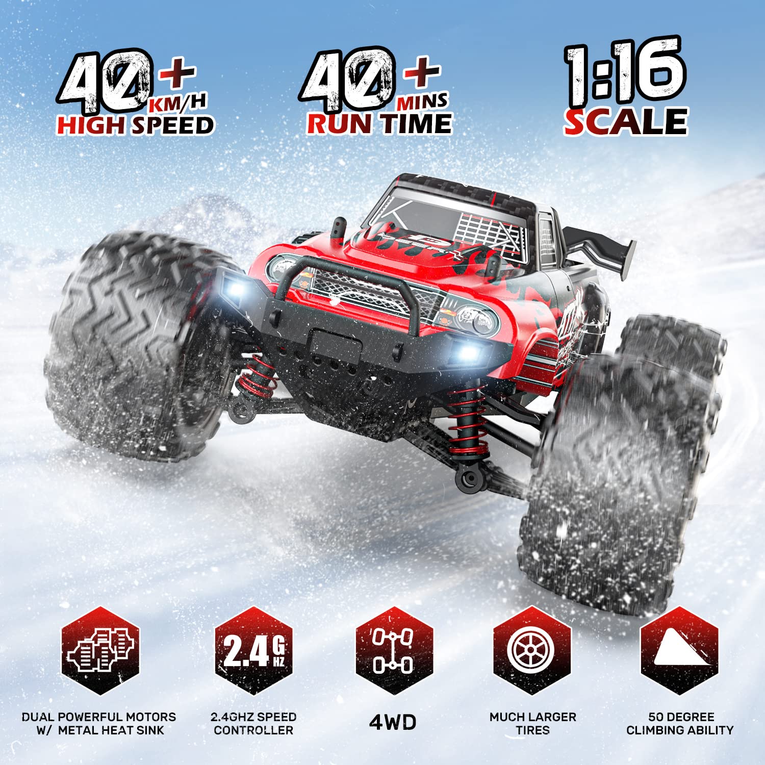 DEERC 9500E 1:16 Scale All Terrain RC Car, 4x4 High Speed 40 KPH RC Truck, 2.4Ghz Remote Control Truck with 2 Batteries, Off-Road Monster Truck for Adults Kids