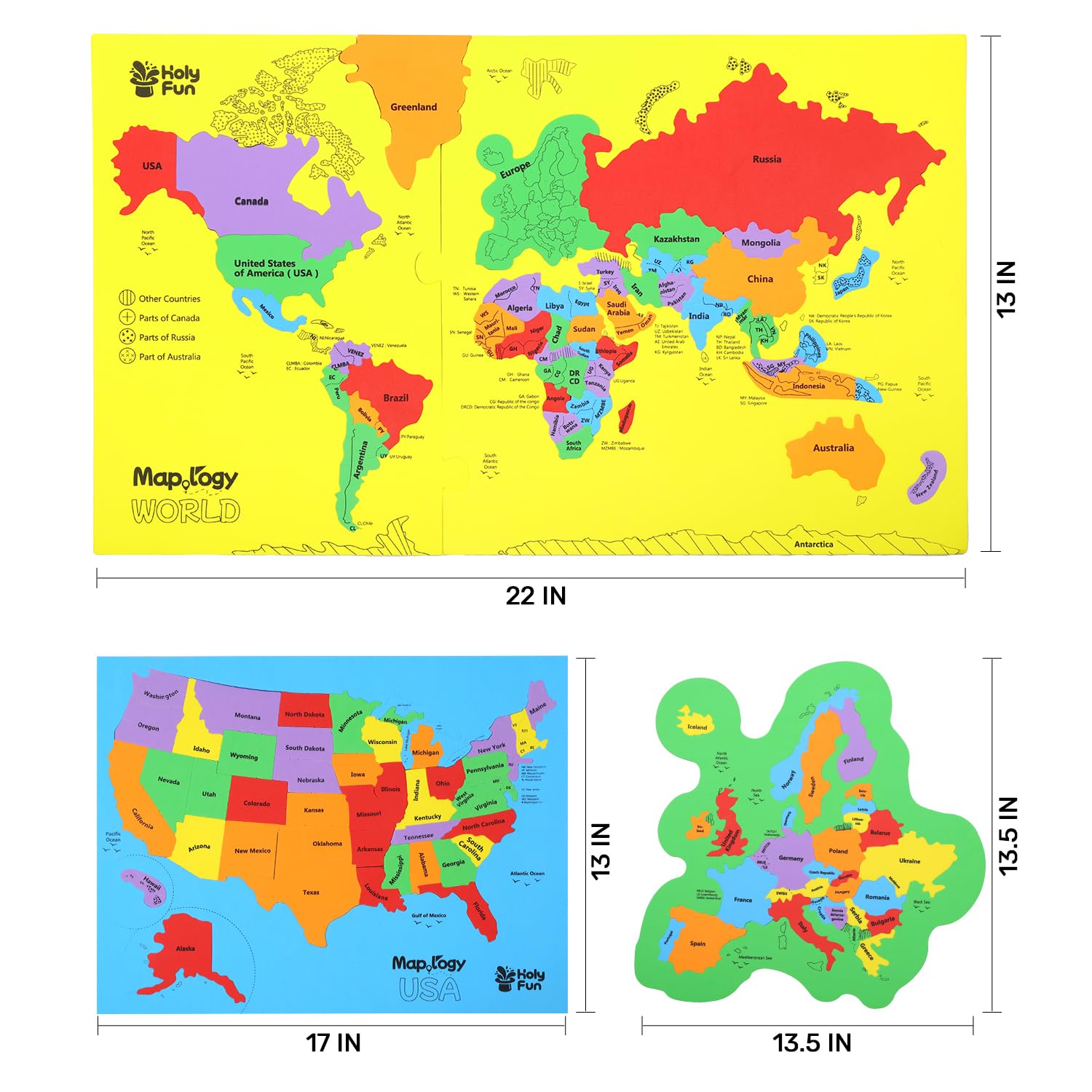 HOLYFUN United States & Europe & World Map Puzzle for Kids Age 8-12 with Flags and Capitals, Mapology Geography Educational LearningToy, for Boys and Girls