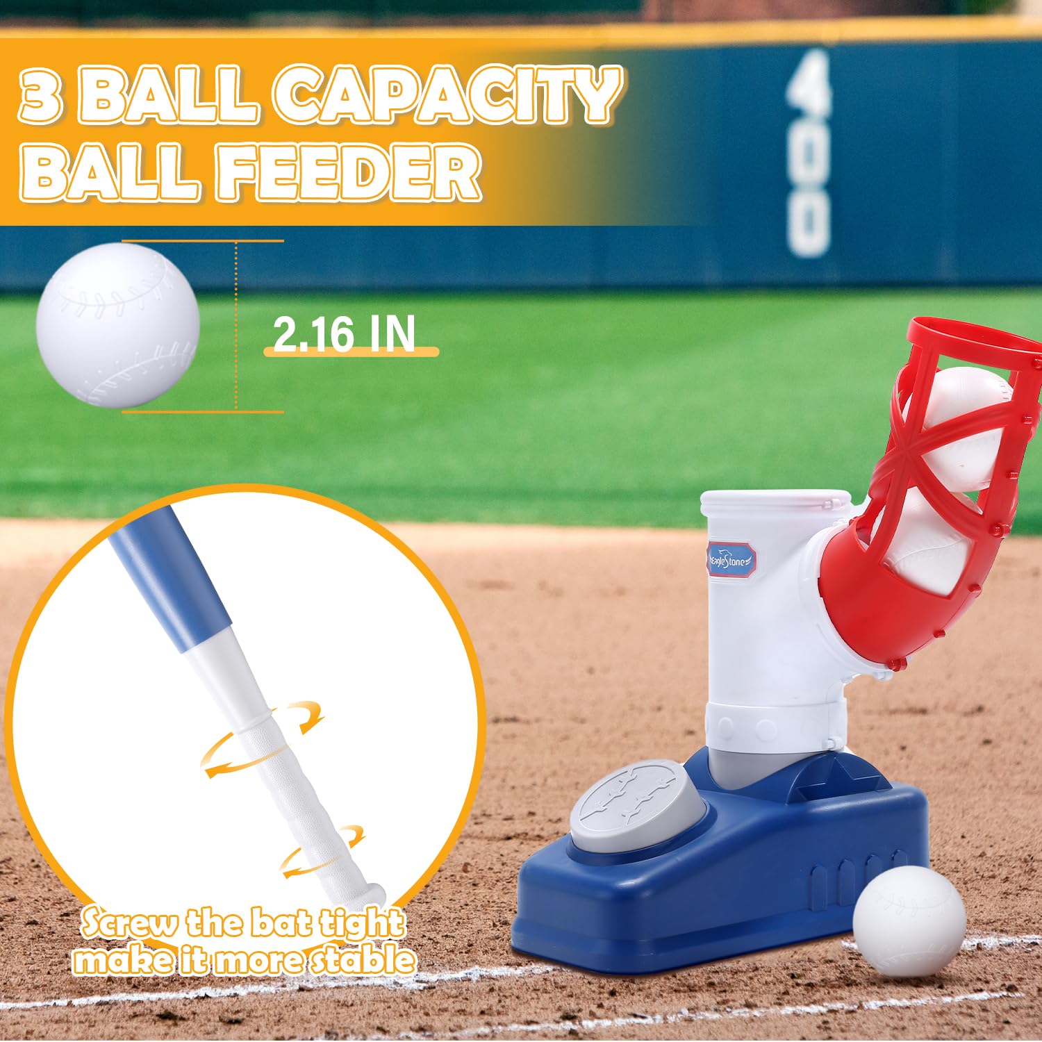 EagleStone ES33 2 in 1 T Ball Set for Kids 3-5, Tee Ball Set for Toddlers with Step on Pitching Machine, Adjustable Batting Tee, Tball Bat and 6 Balls, Outdoor Baseball Christmas Toy Gift for Boys & Girls