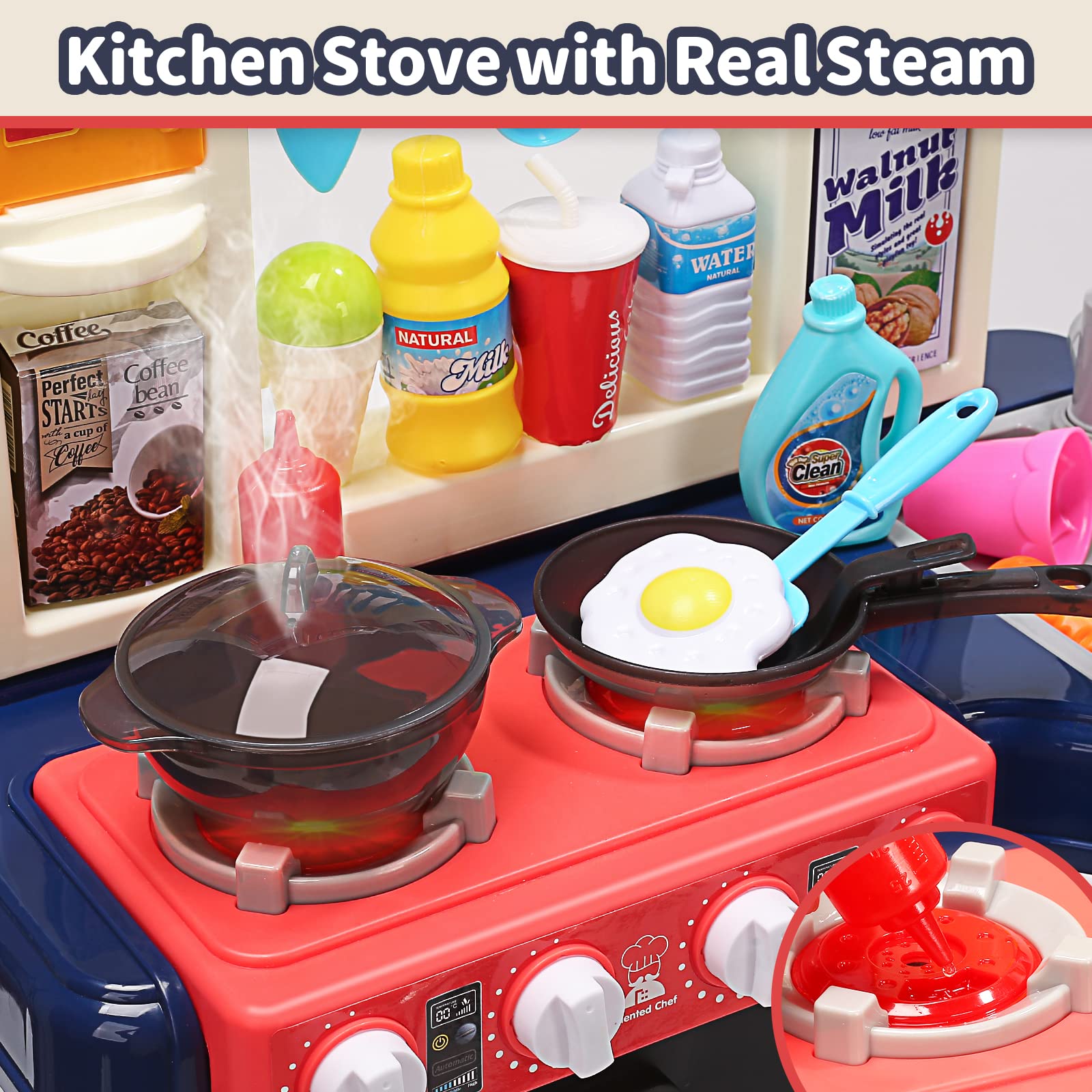 CUTE STONE Kids Kitchen Playset with Real Sounds & Lights, Pretend Play Food Toys, Play Sink, Cooking Stove with Steam, Toddler Gift for Boys and Grlis (Blue)