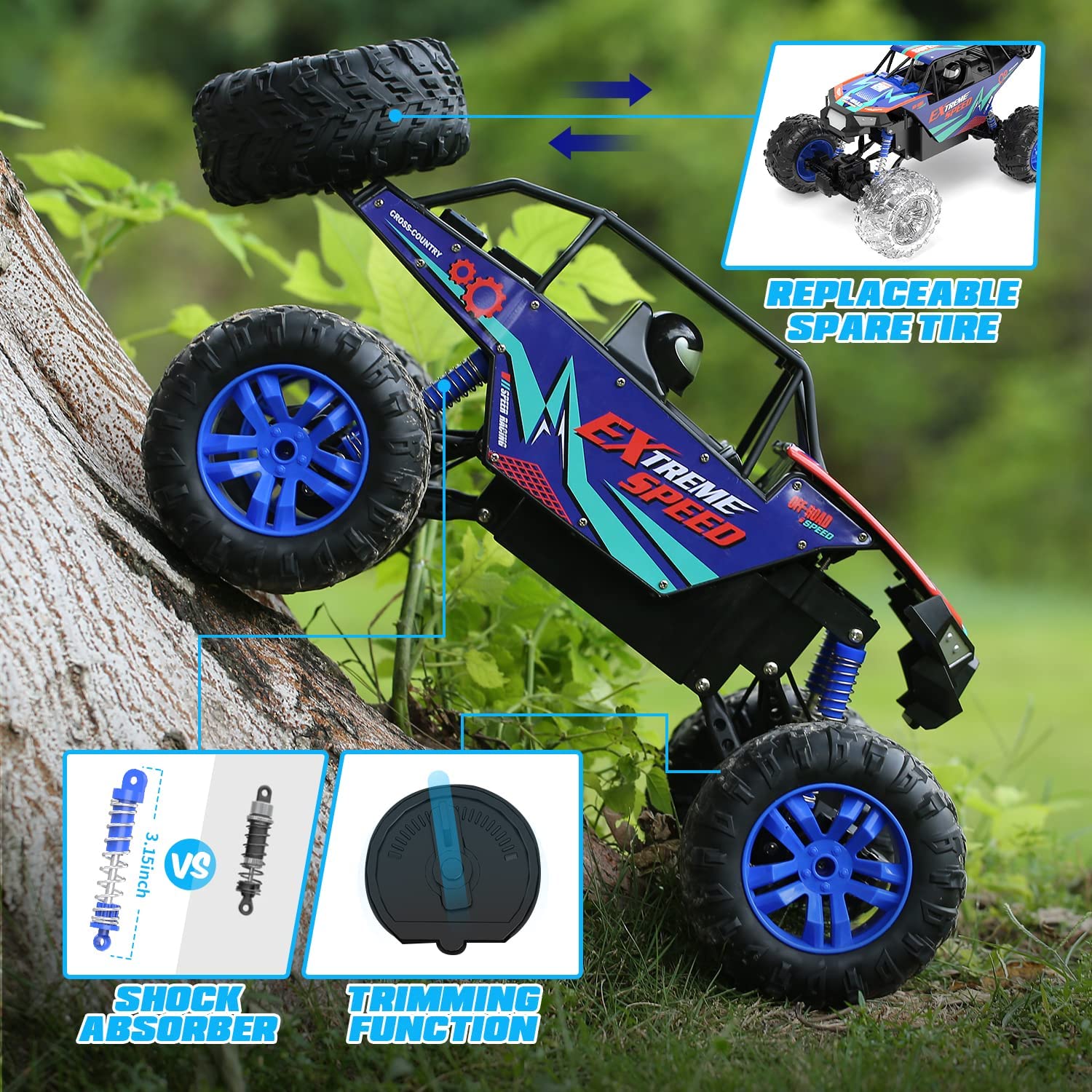 DEERC DE60 Large 1:8 Scale Upgraded RC Cars Remote Control Car for Adults Boys, Off Road Monster Truck with Realistic Sound, 2.4Ghz 4WD Rock Crawler Toy All Terrain Climbing, 2 Batteries for 80 Min Play