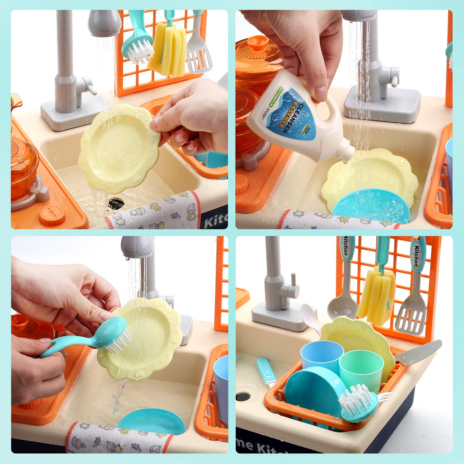 CUTE STONE Pretend Play Kitchen Sink Toys with Play Cooking Stove, Pot and Pan with Spray Realistic Light and Sound, Dish Rack & Play Cutting Food, Utensils Tableware Accessories for Kids Toddlers