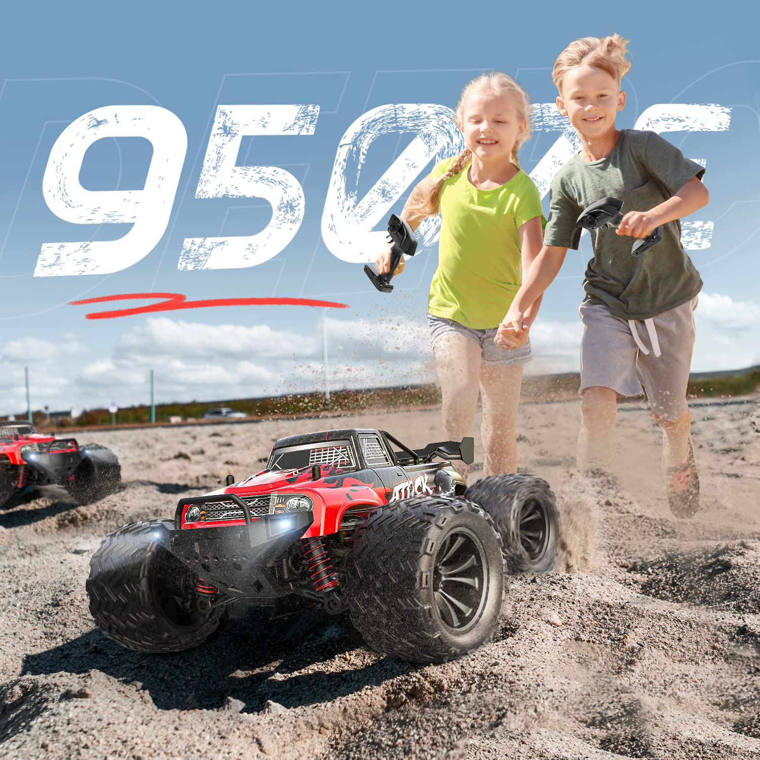 DEERC 9500E 1:16 Scale All Terrain RC Car, 4x4 High Speed 40 KPH RC Truck, 2.4Ghz Remote Control Truck with 2 Batteries, Off-Road Monster Truck for Adults Kids