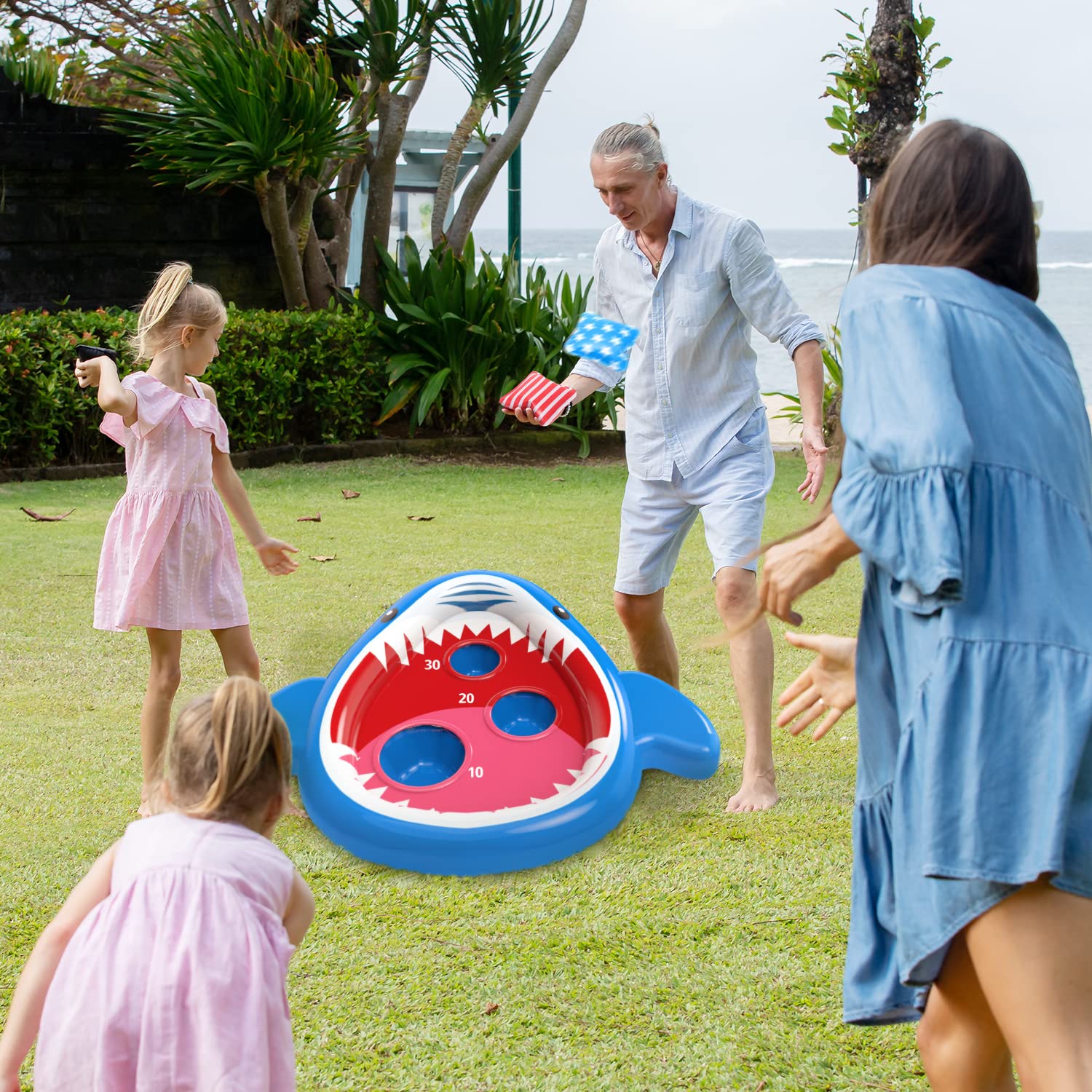 Eaglestone ES45 2 PCS Pool Shark Cornhole Toys for Kids, Inflatable Swimming Pool Toys for Adults Family, 8 Bean Bags Toss Game w/Sandbag Anchor, Floating Outdoor Beach Toys for Pool Game Party, Water Toy