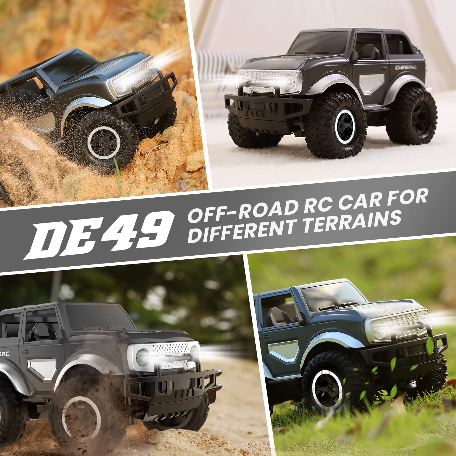 DEERC DE49 Remote Control Jeep Car with Realistic Headlight & Taillight, 160 Mins Play SUV Vehicle with Spare Tire, 2.4Ghz 1:18 All-Terrain Monster Trucks for Boys, Off-Road RC Trucks Gift for Kids