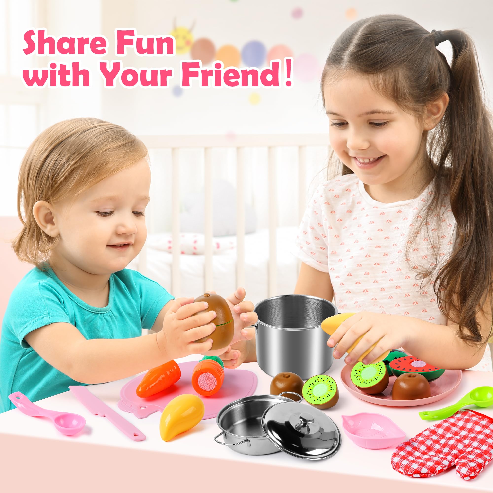 CUTE STONE Pretend Play Kitchen Accessories Toy Kids Kitchen Playset with Stainless Steel Play Pots and Pans