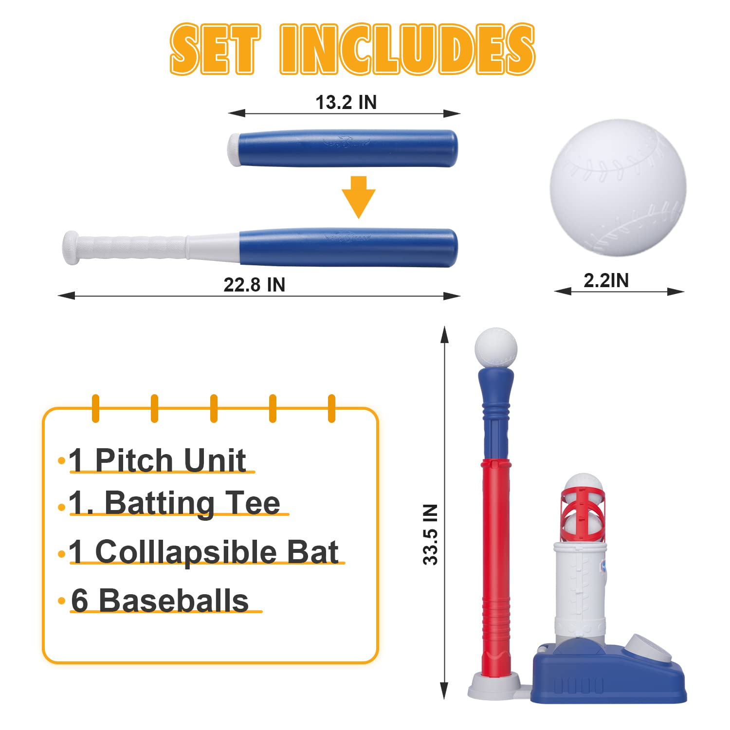 EagleStone ES33 2 in 1 T Ball Set for Kids 3-5, Tee Ball Set for Toddlers with Step on Pitching Machine, Adjustable Batting Tee, Tball Bat and 6 Balls, Outdoor Baseball Christmas Toy Gift for Boys & Girls