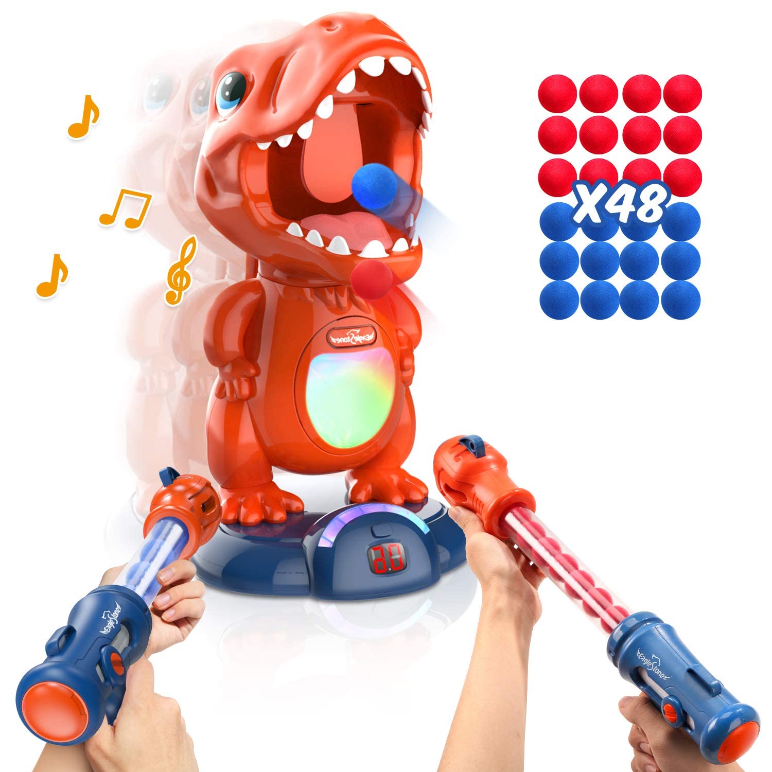 EagleStone Movable Dinosaur Shooting Toys for Kids 5-7 with Spraying, Electronic Target Game Toy with 2 Pump Guns, 48 Foam Balls, Party Favor Christmas Toys with Score Record, Sound